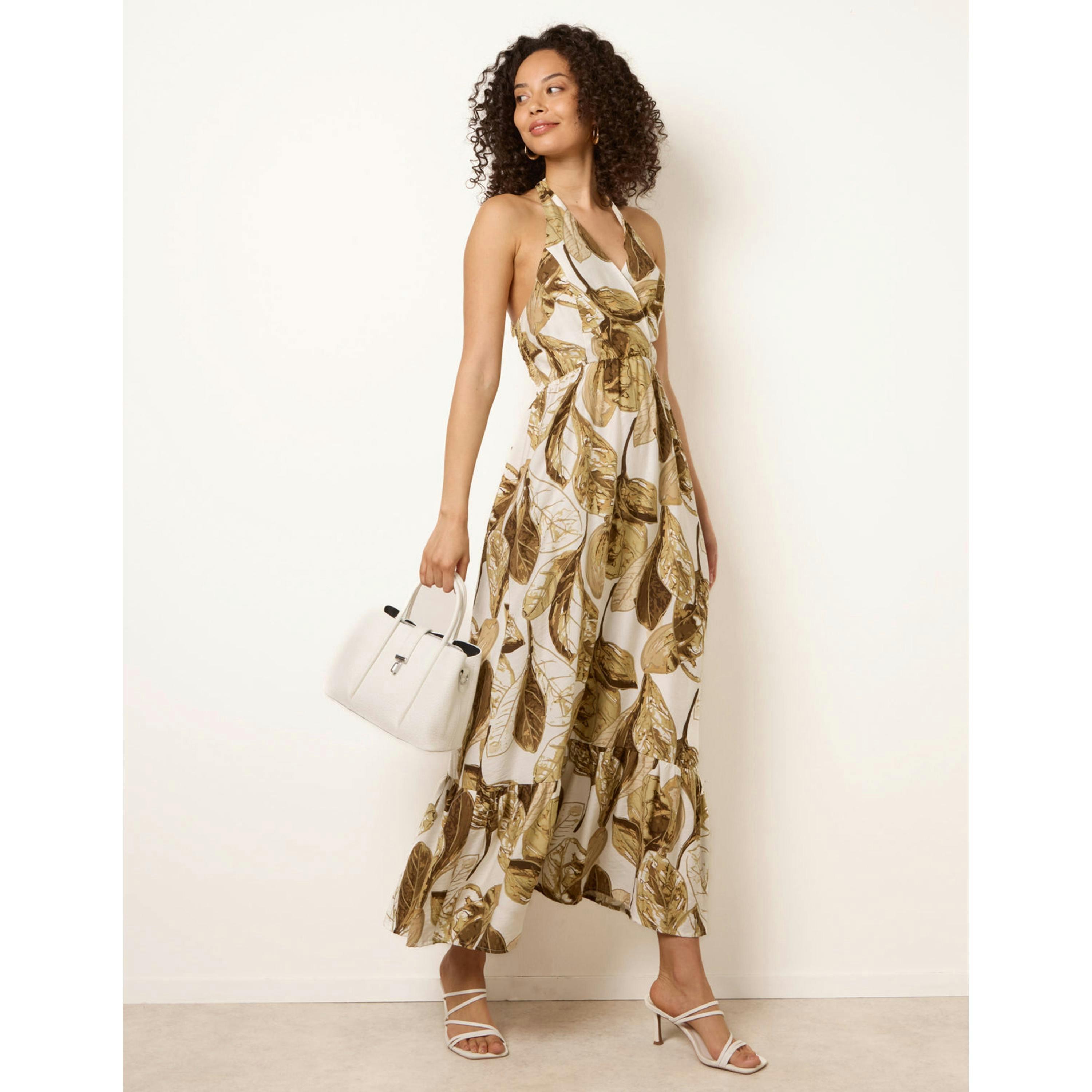 Blue Vanilla Leaf Print Halter Neck Dress  in Brown , view 1 of 4