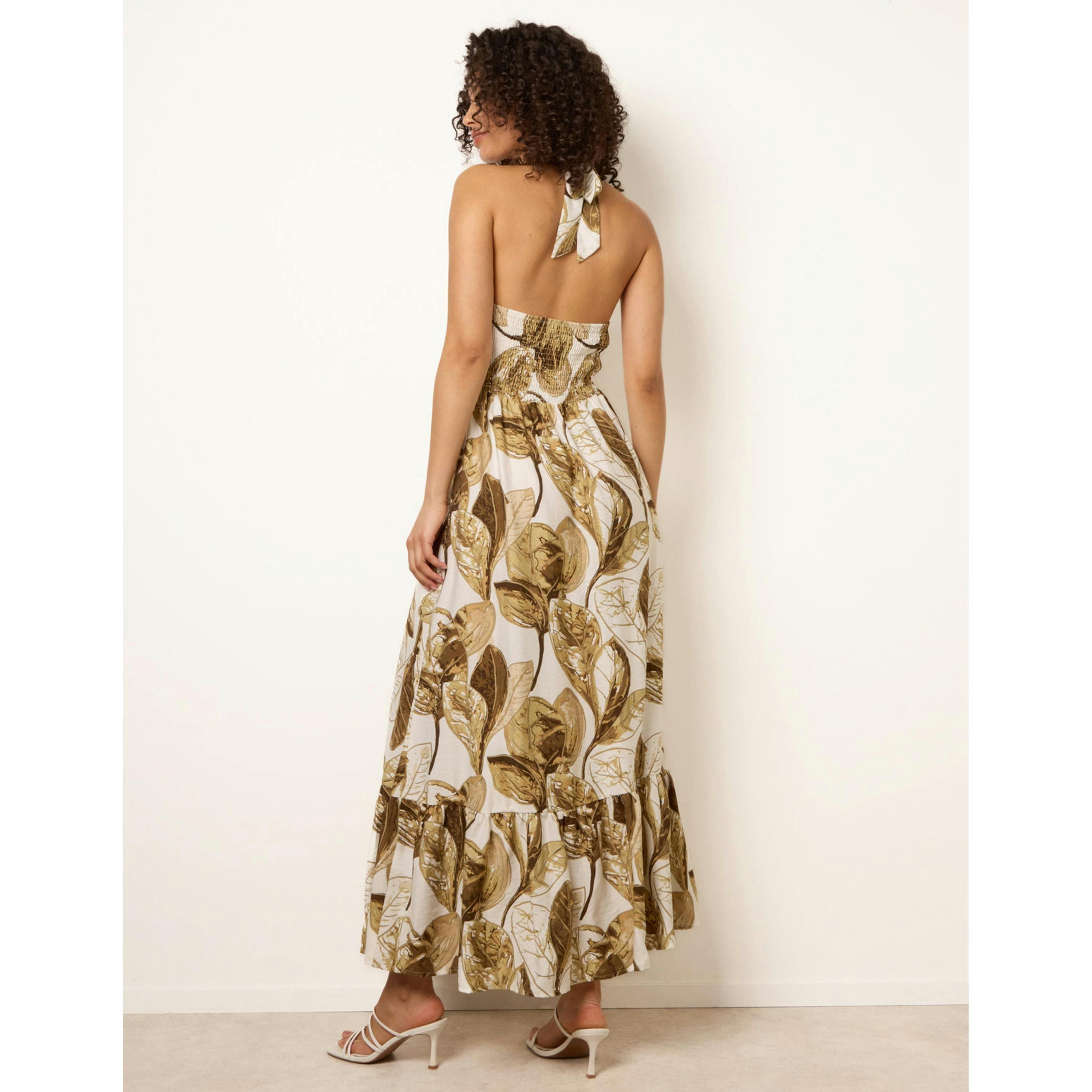 Blue Vanilla Leaf Print Halter Neck Dress  in Brown , view 2 of 4