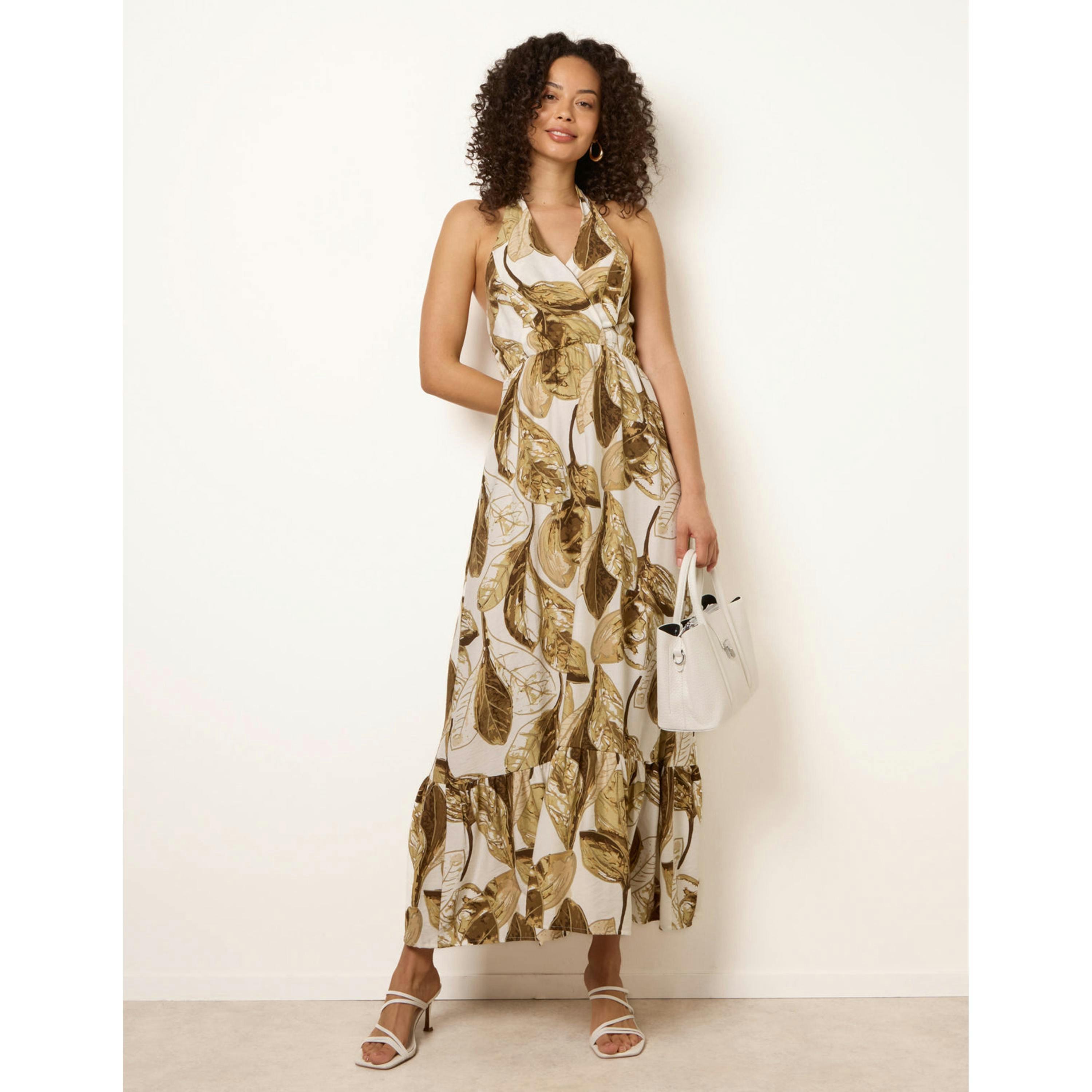 Blue Vanilla Leaf Print Halter Neck Dress  in Brown , view 3 of 4