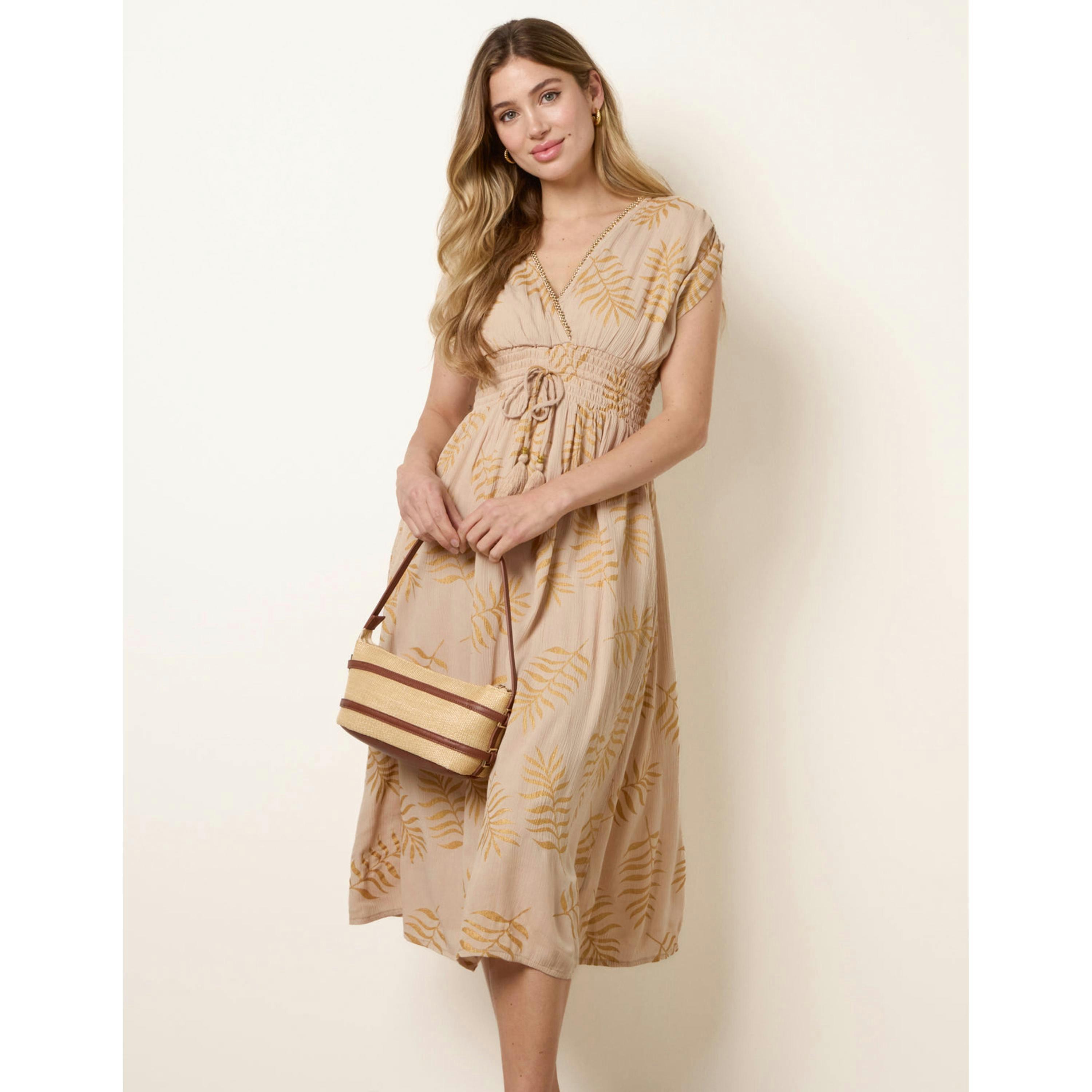 Blue Vanilla Wrap Front Beaded Dress  in Beige , view 1 of 4