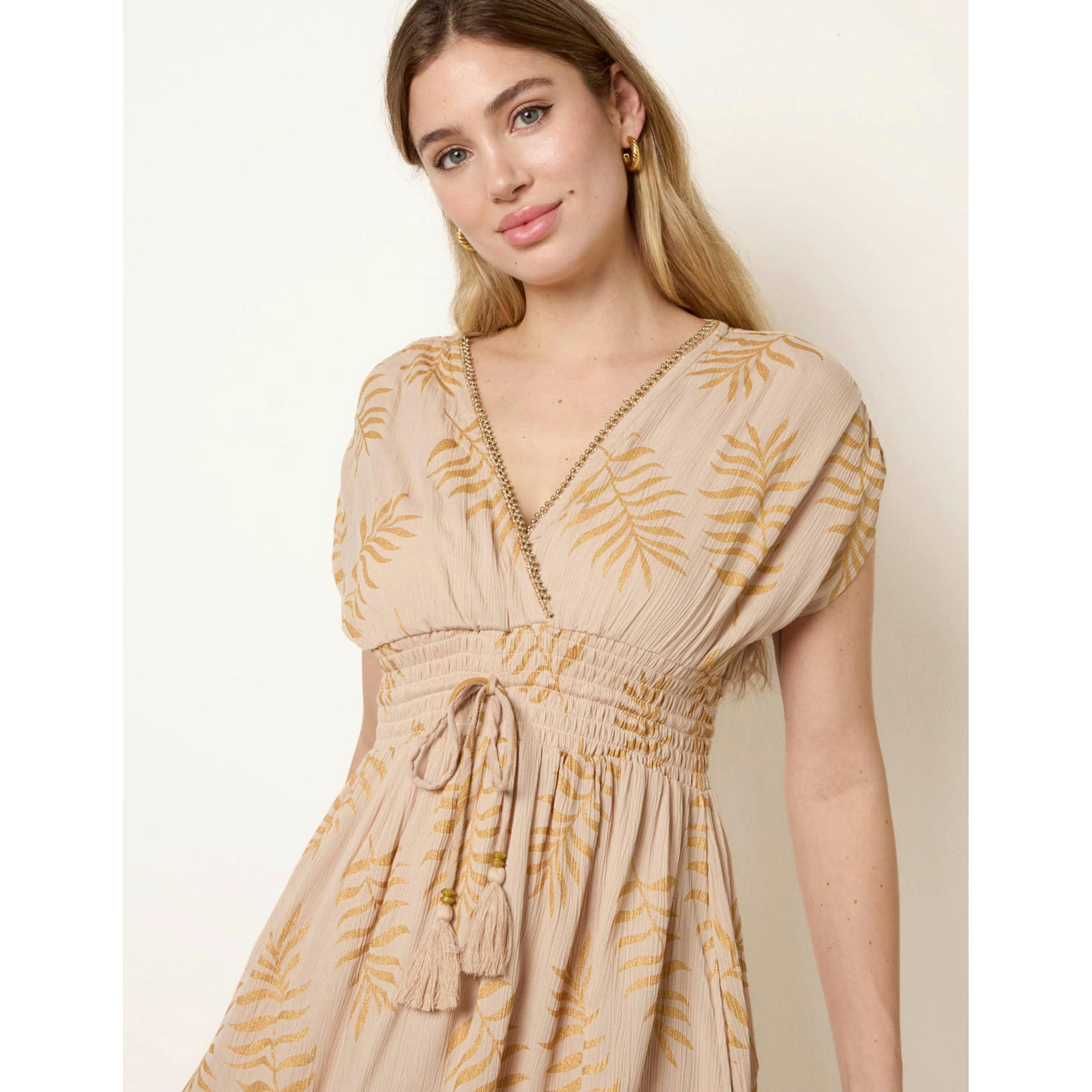Blue Vanilla Wrap Front Beaded Dress  in Beige , view 3 of 4