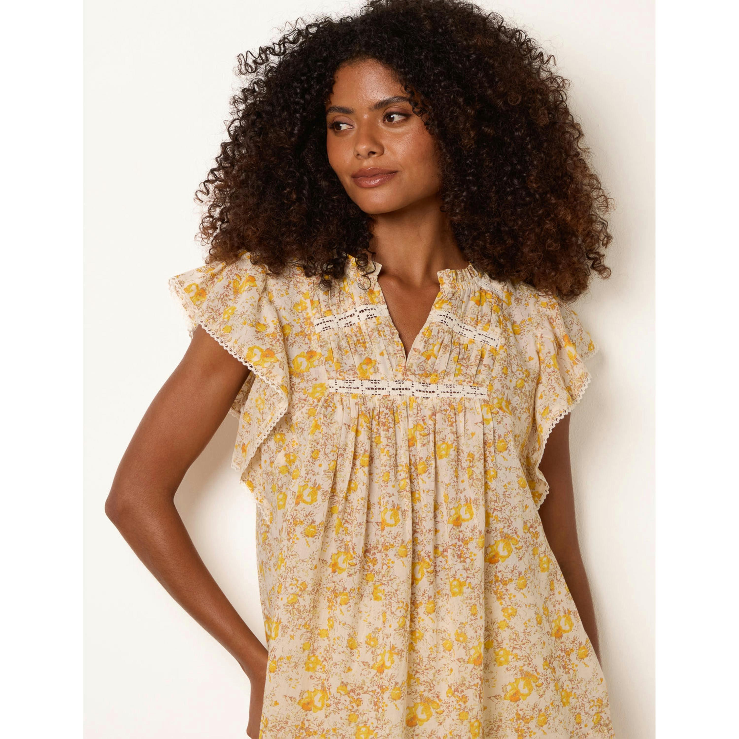 Blue Vanilla Ditsy Floral Cotton Ruffle Sleeve Top  in Yellow , view 1 of 4