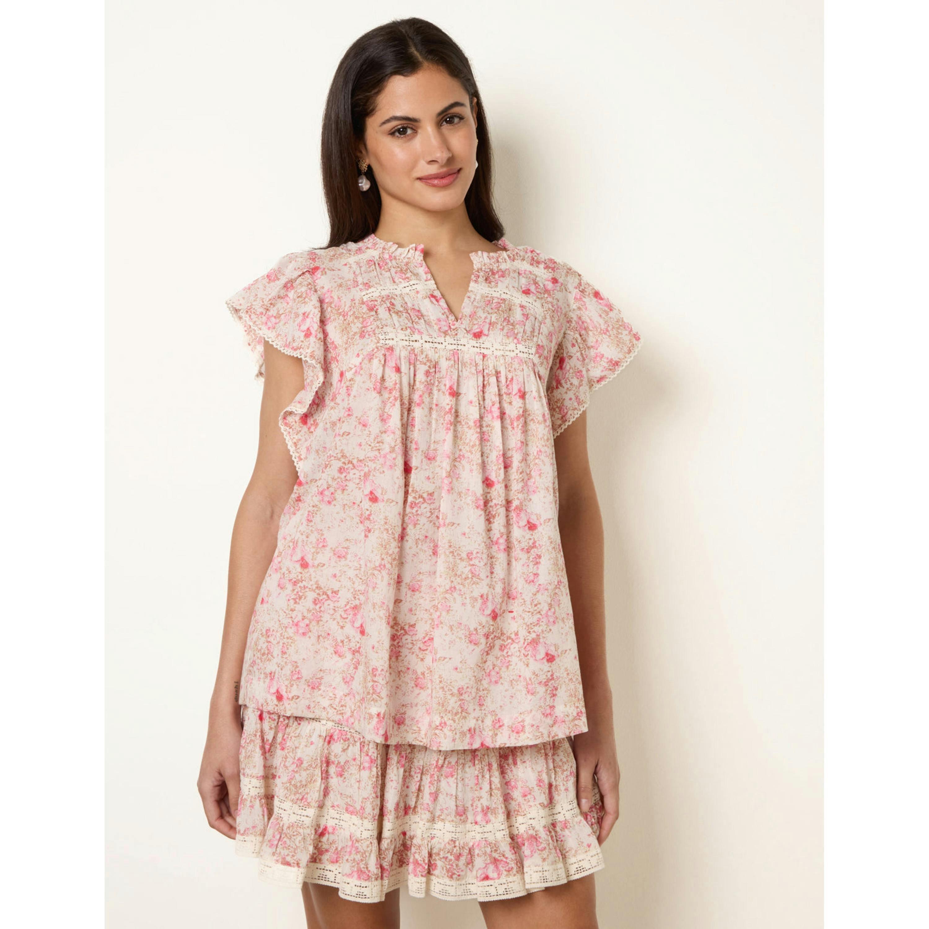 Blue Vanilla Ditsy Floral Cotton Ruffle Sleeve Top  in Pink , view 1 of 4