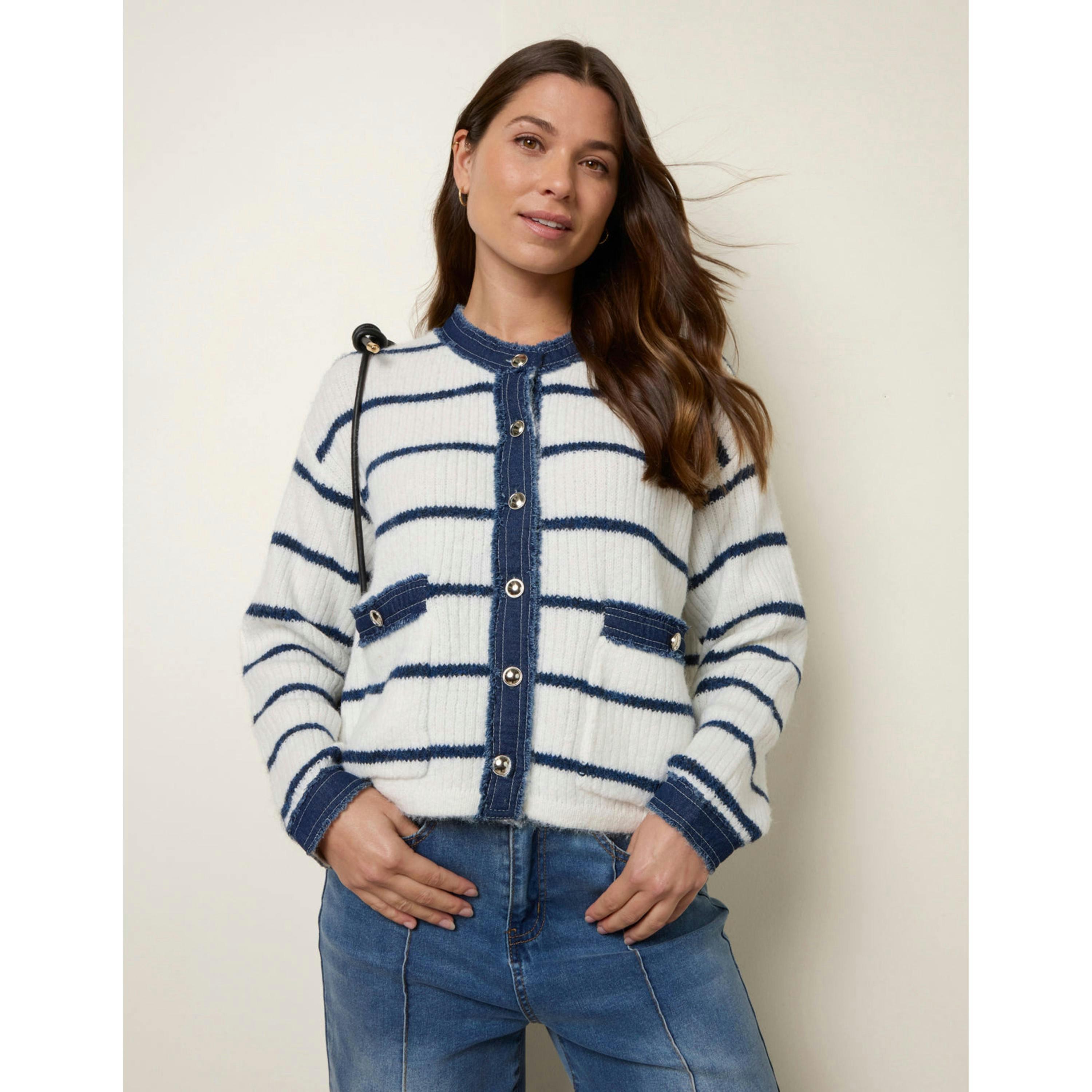 Blue Vanilla Stripe & Denim Cardigan  in Ivory , view 1 of 4