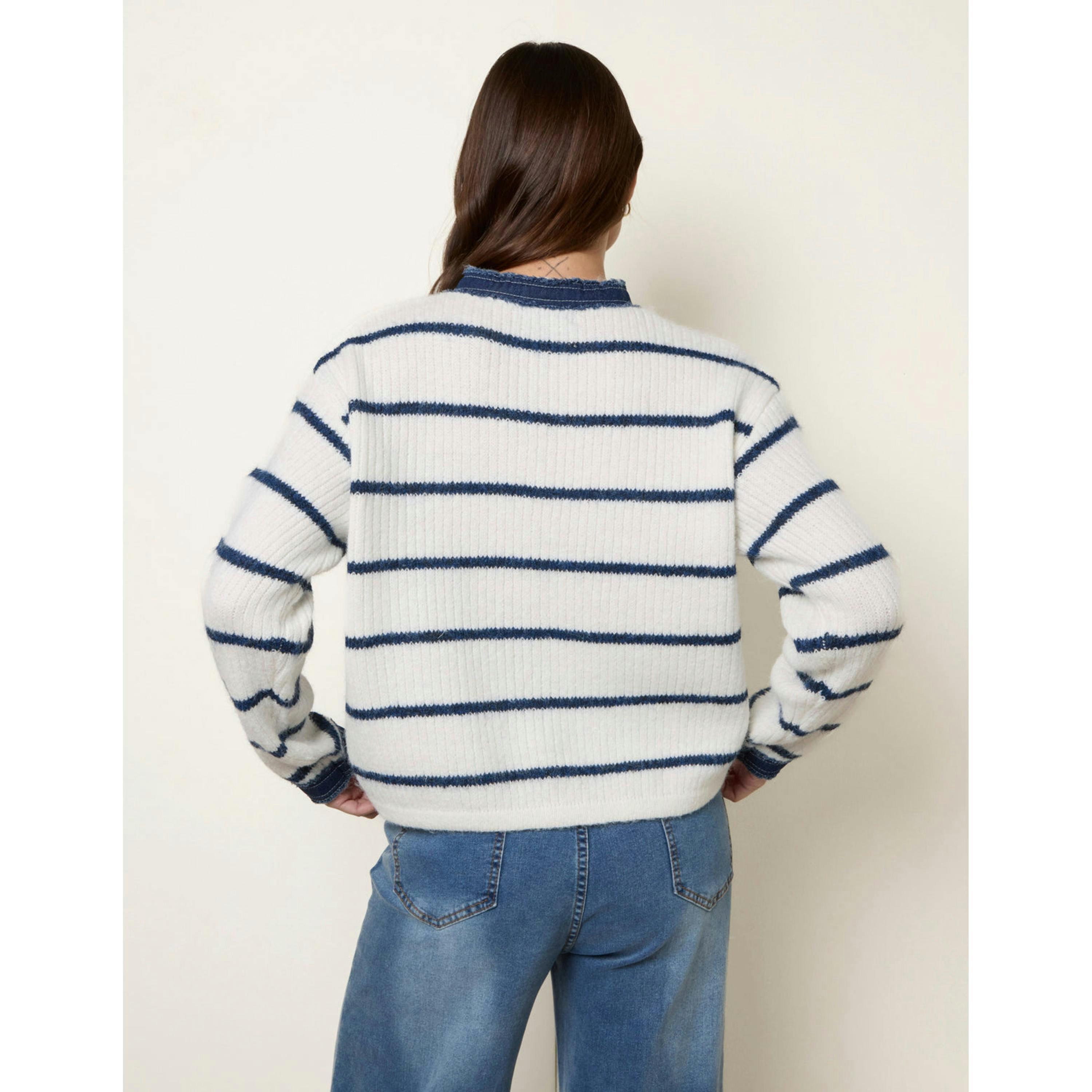 Blue Vanilla Stripe & Denim Cardigan  in Ivory , view 2 of 4