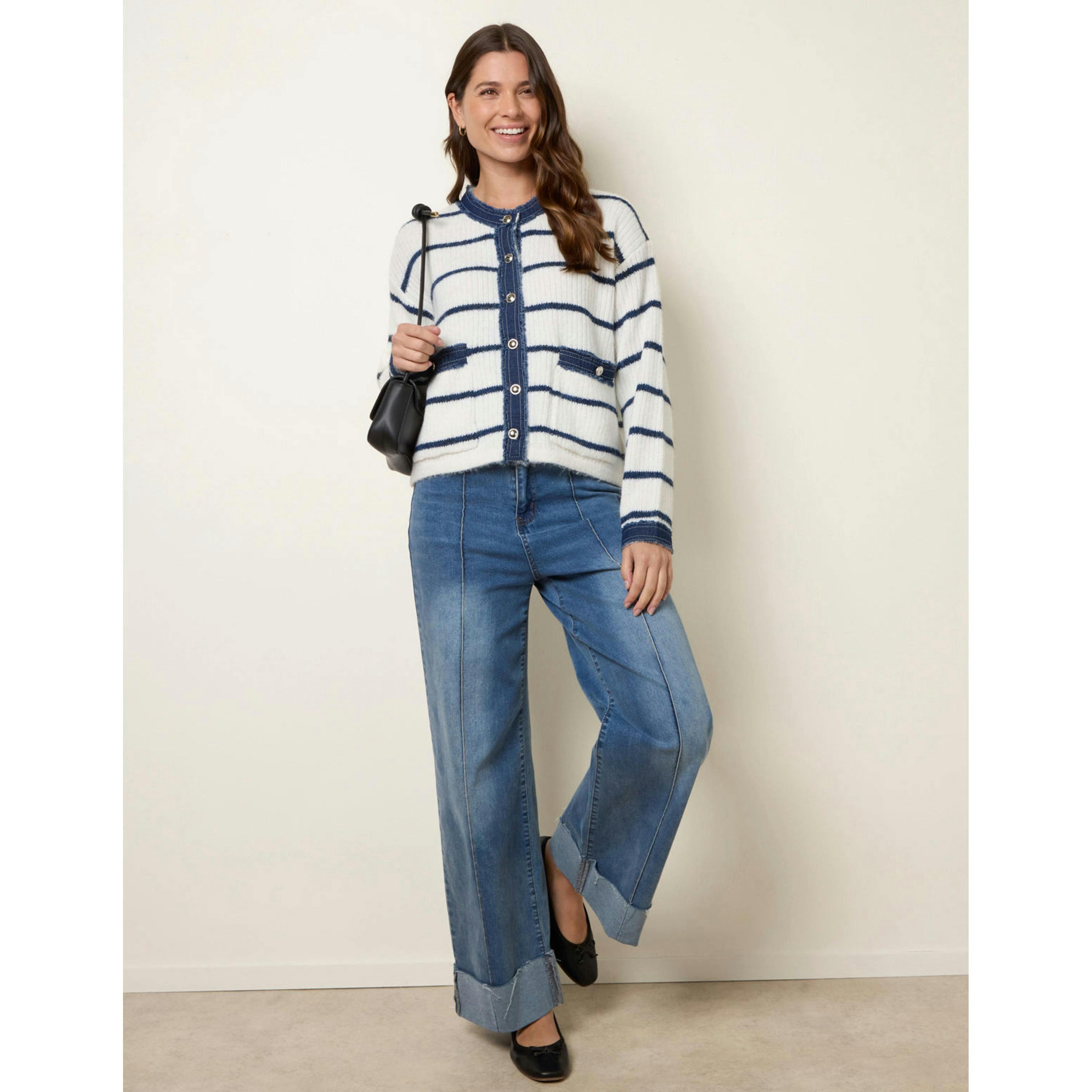 Blue Vanilla Stripe & Denim Cardigan  in Ivory , view 3 of 4