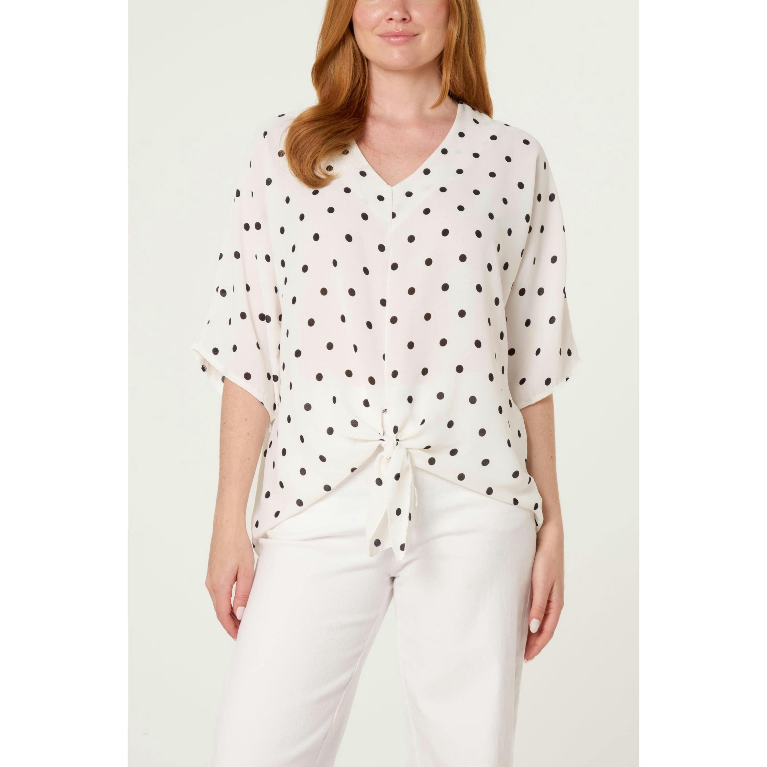 Blue Vanilla Polka Dot Knot Front Top  in White , view 1 of 2