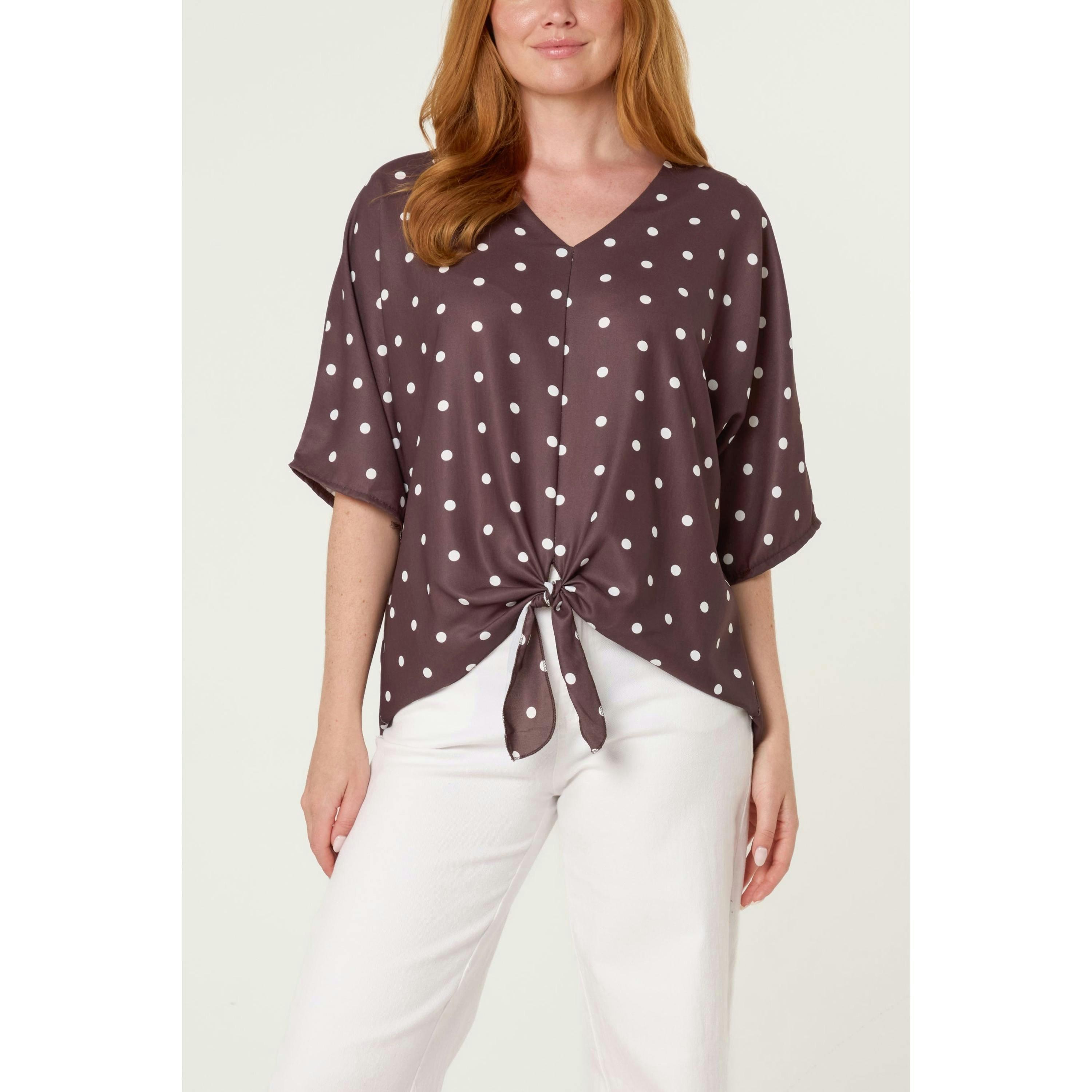 Blue Vanilla Polka Dot Knot Front Top  in Brown , view 1 of 2