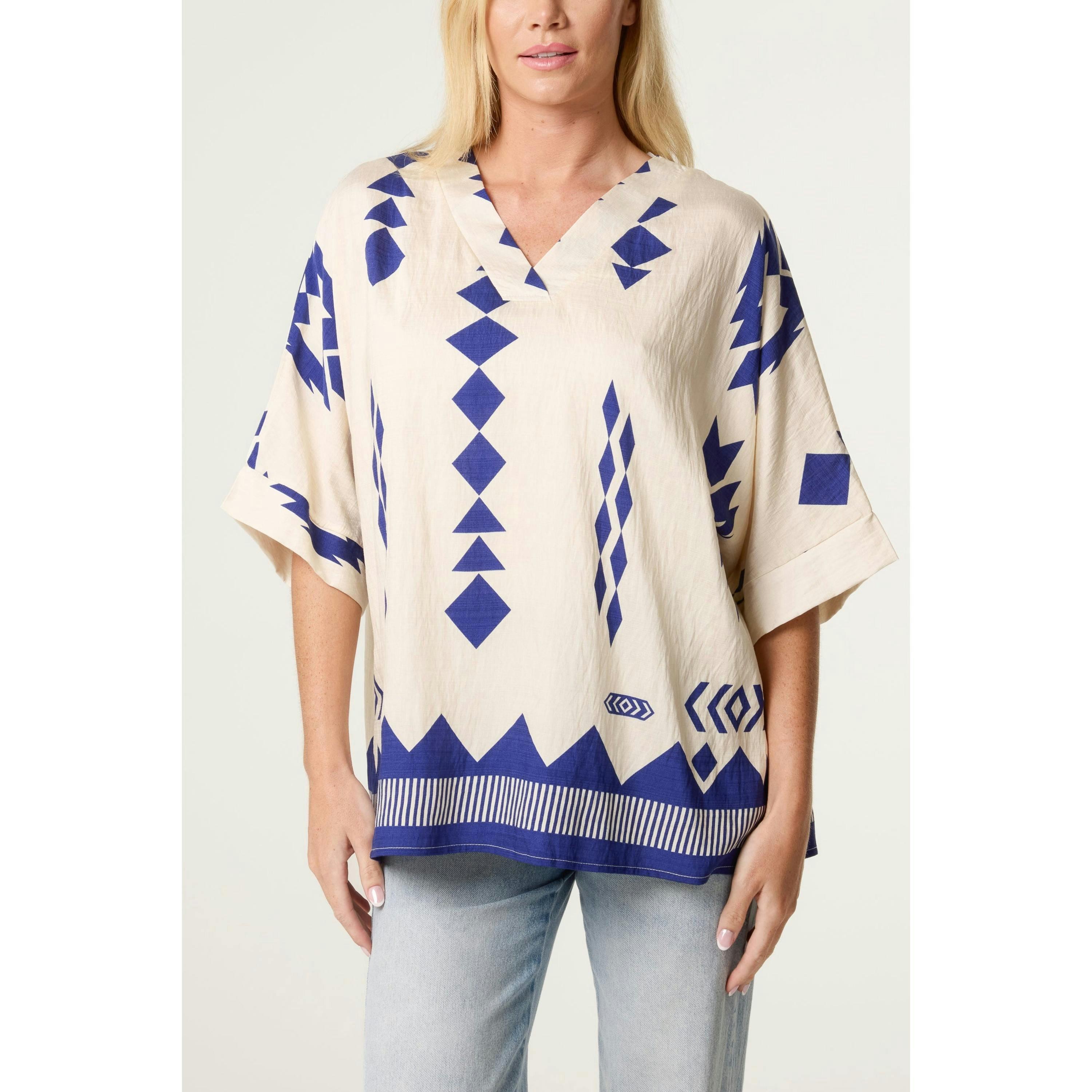 Blue Vanilla Linen Geometric Print Top  in Beige , view 1 of 4