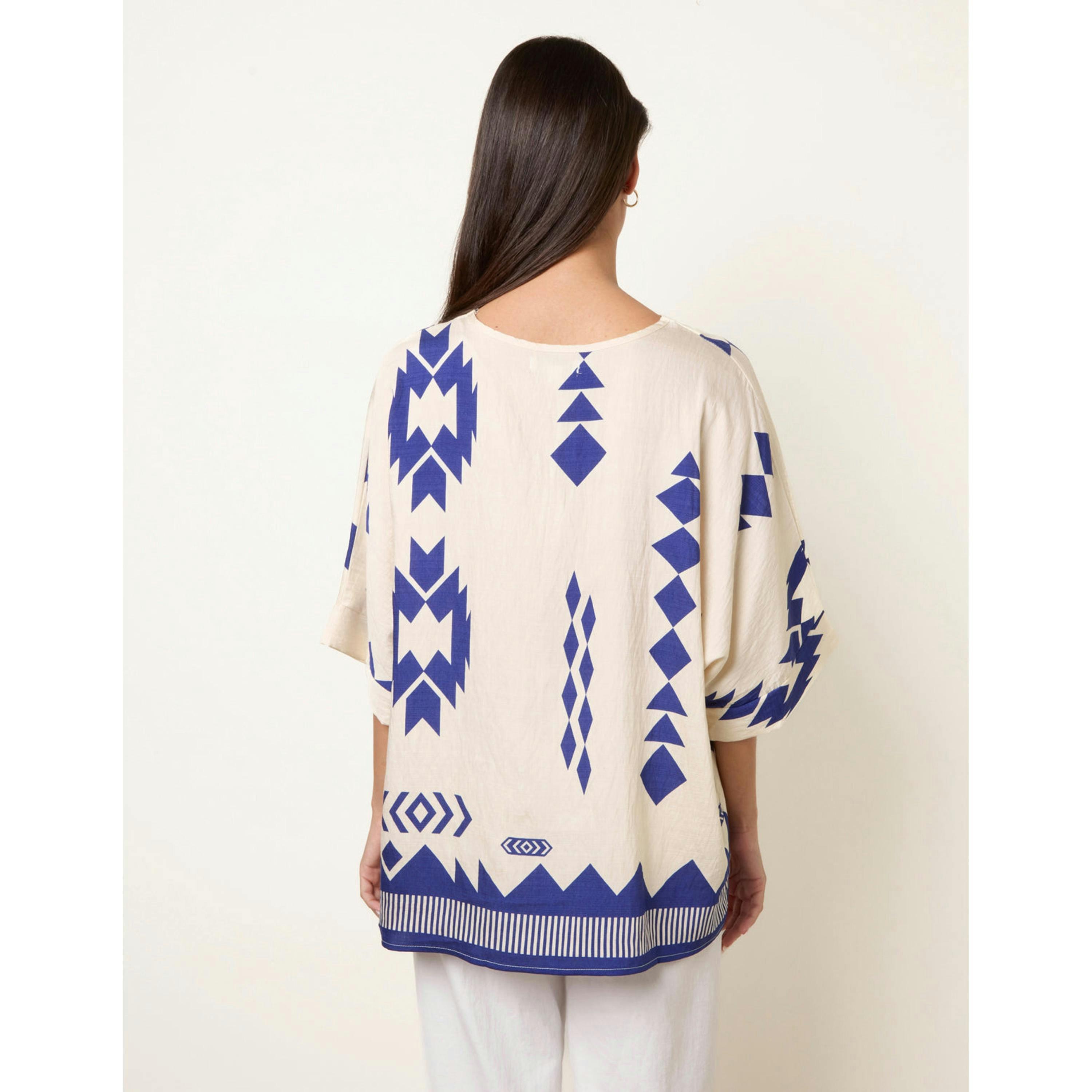 Blue Vanilla Linen Geometric Print Top  in Beige , view 2 of 4