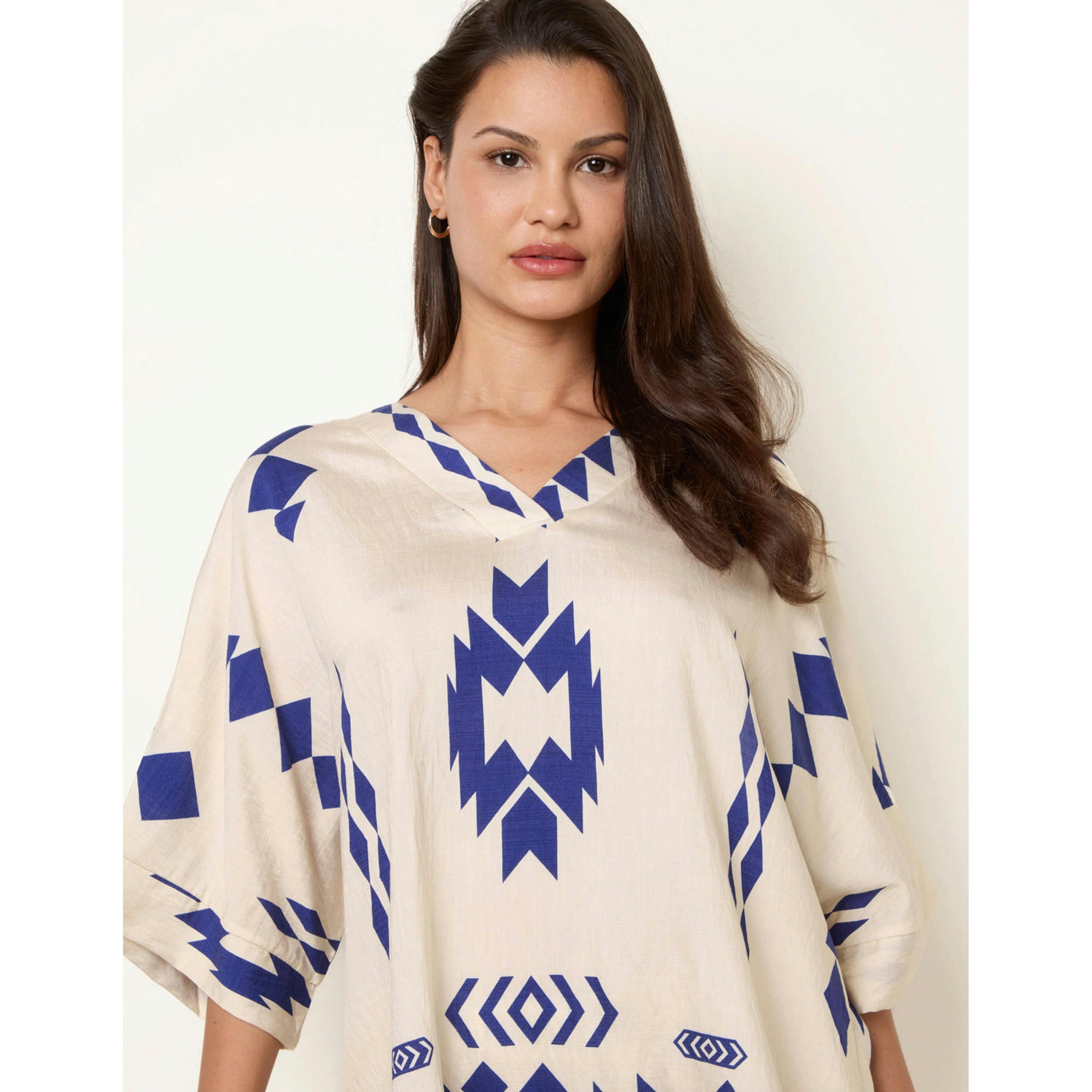 Blue Vanilla Linen Geometric Print Top  in Beige , view 3 of 4