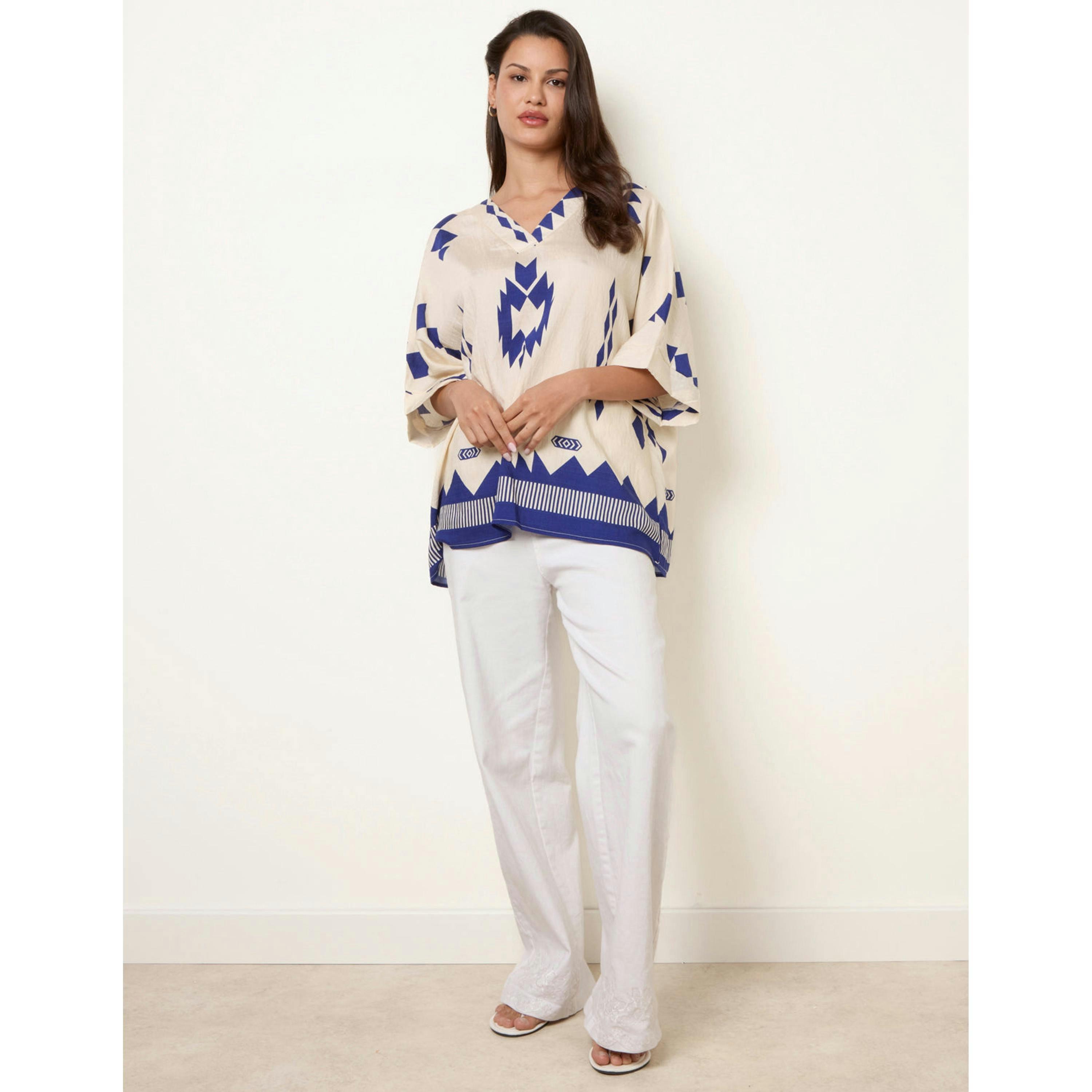 Blue Vanilla Linen Geometric Print Top  in Beige , view 4 of 4