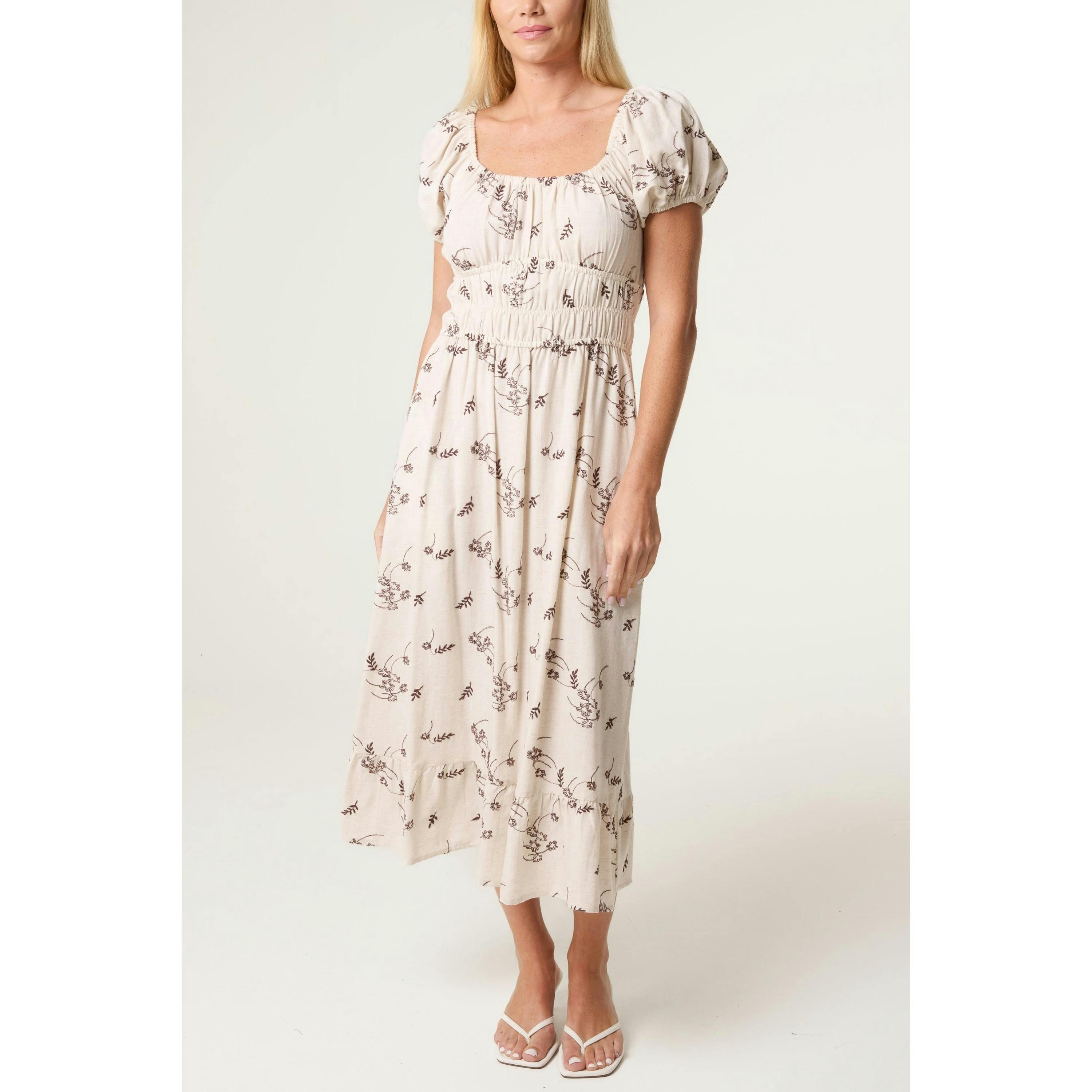 Blue Vanilla Embroidery Milkmaid Midi Dress  in Stone , view 1 of 4