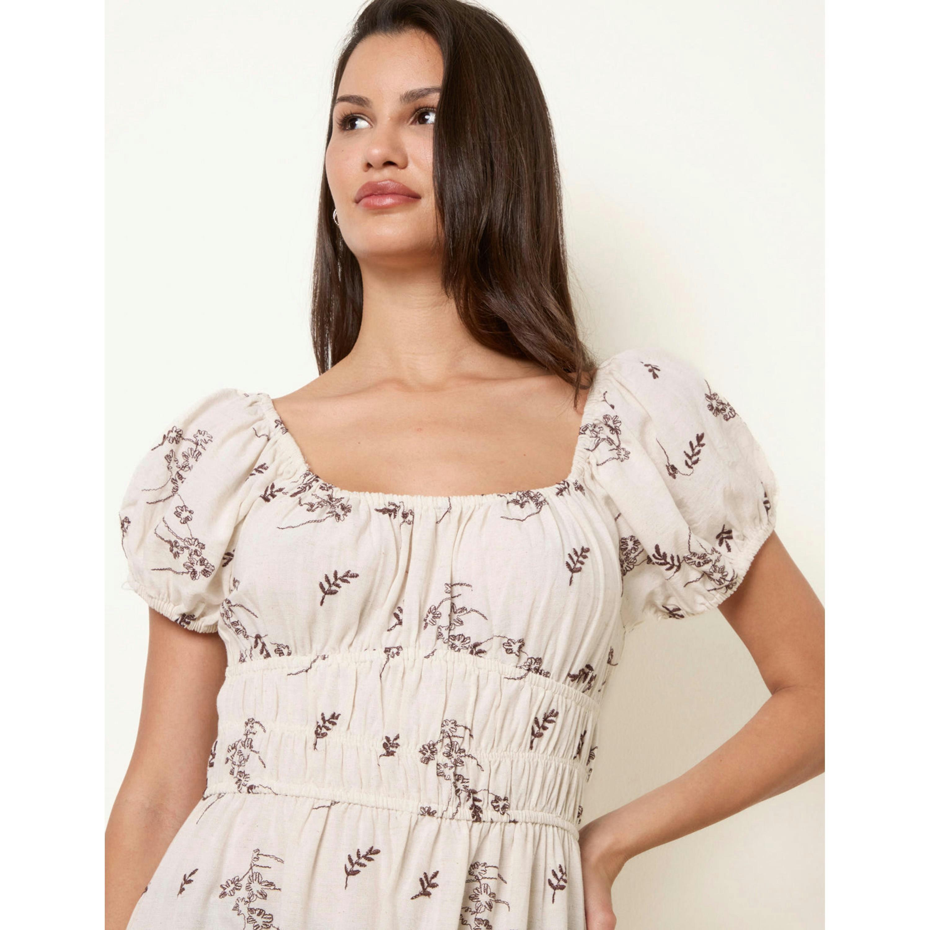 Blue Vanilla Embroidery Milkmaid Midi Dress  in Stone , view 3 of 4