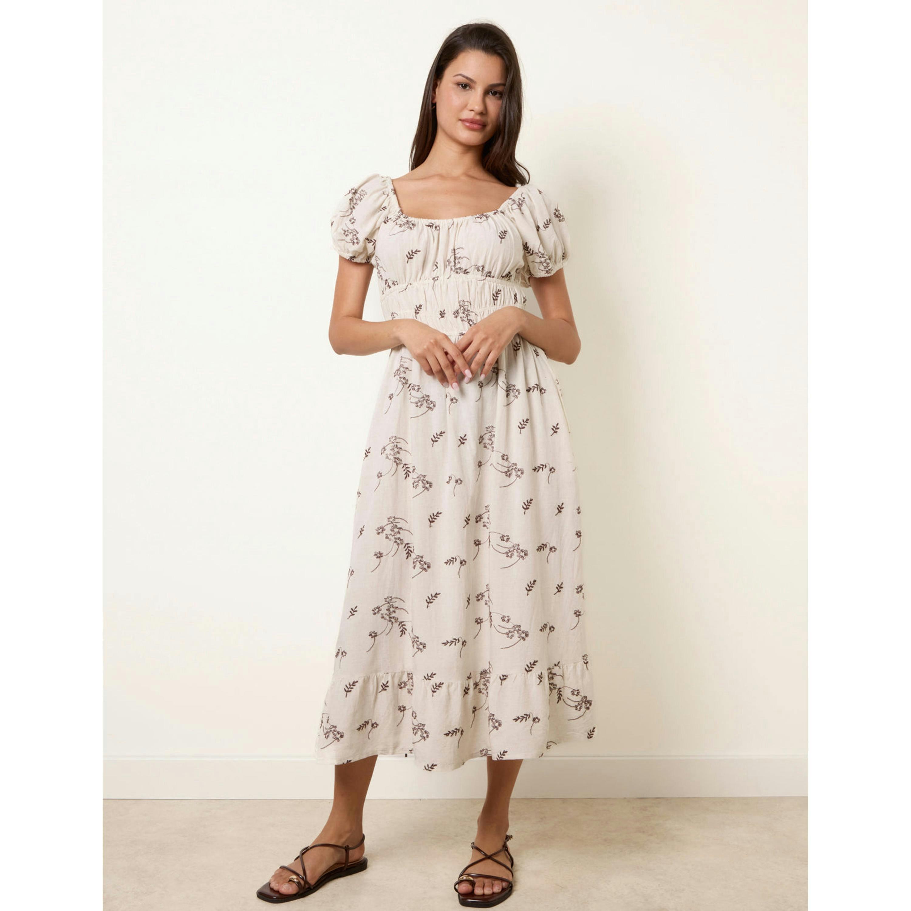 Blue Vanilla Embroidery Milkmaid Midi Dress  in Stone , view 4 of 4