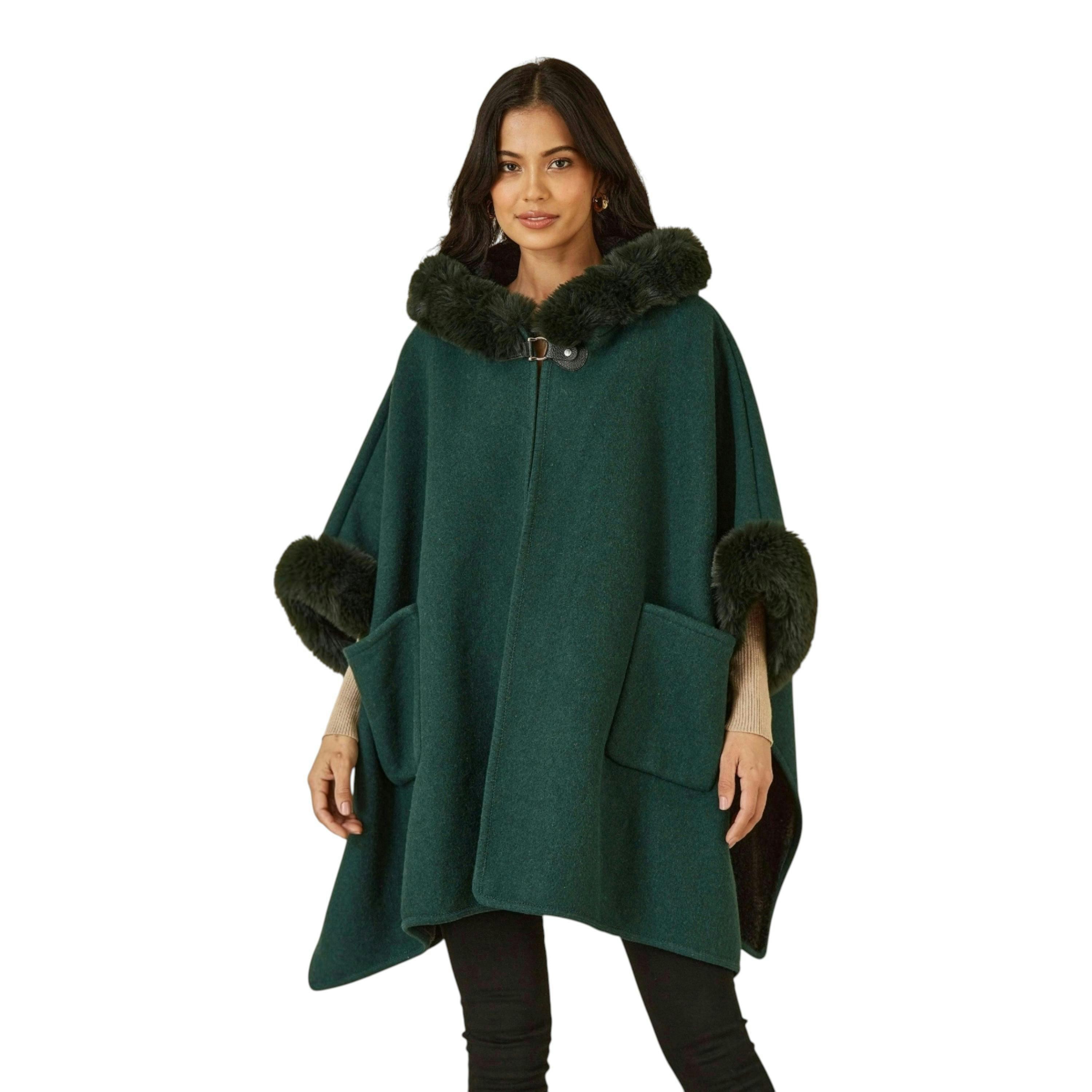 Yumi Green Cape With Luxe Fur Trim And Lining , view 1 of 6