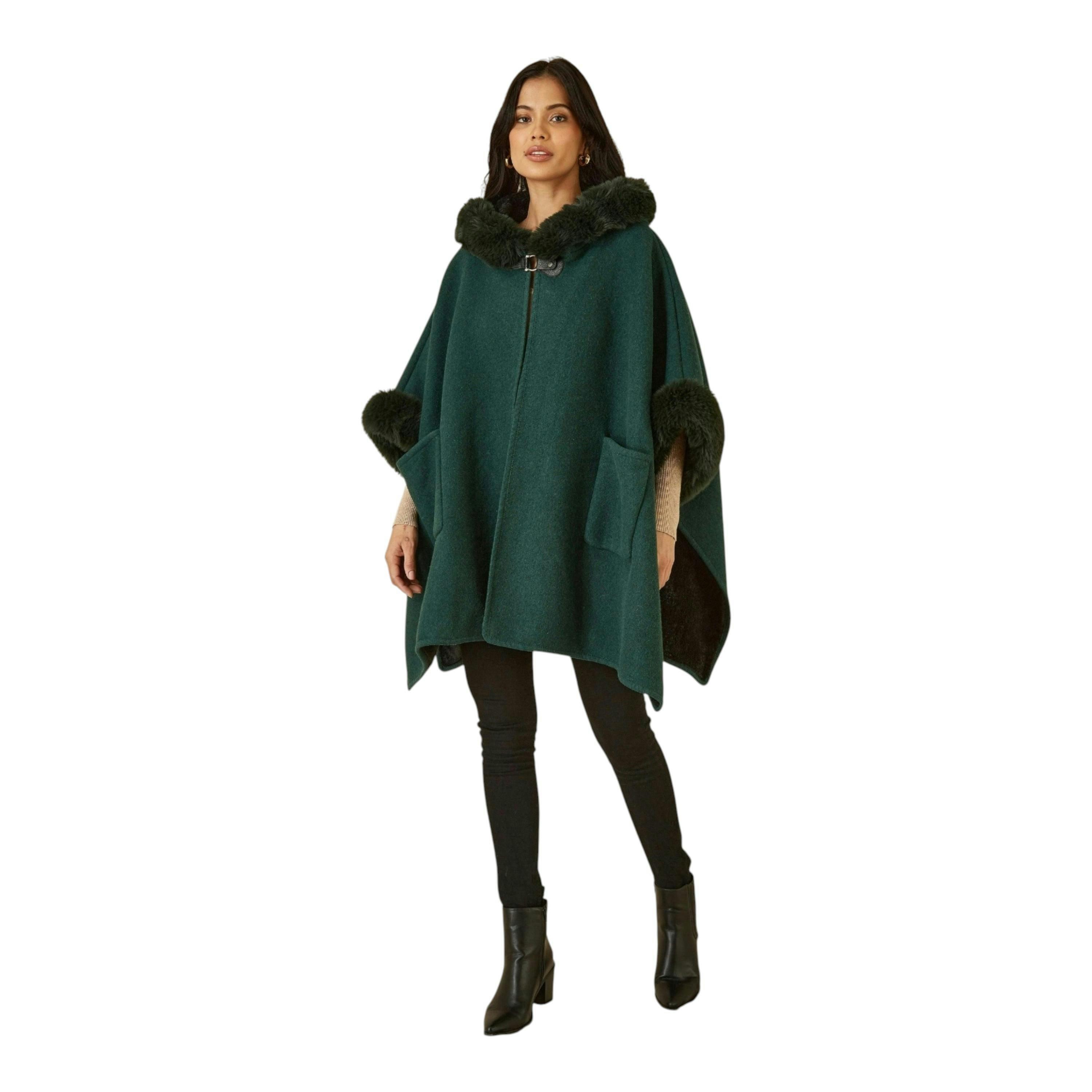 Yumi Green Cape With Luxe Fur Trim And Lining , view 2 of 6