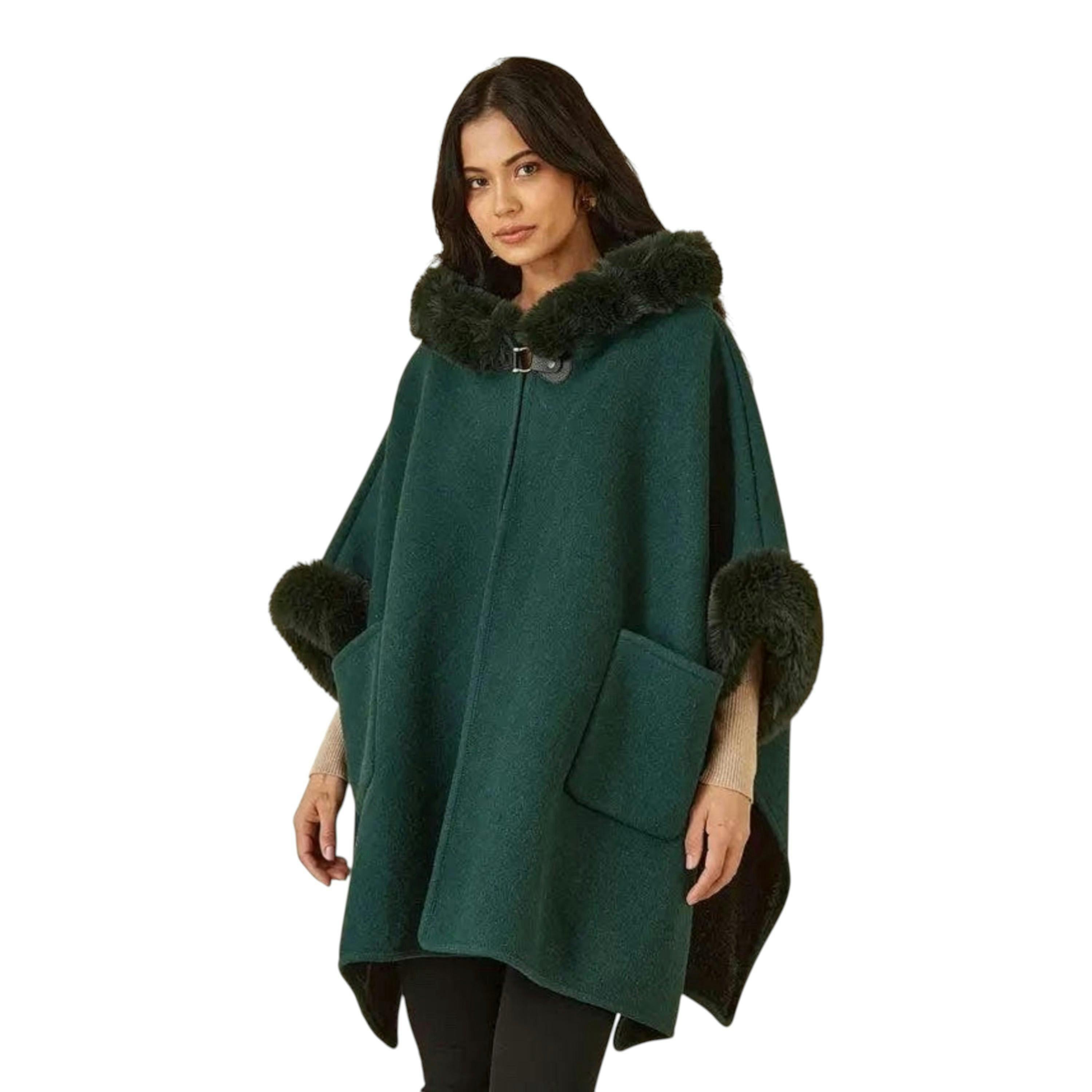 Yumi Green Cape With Luxe Fur Trim And Lining , view 3 of 6