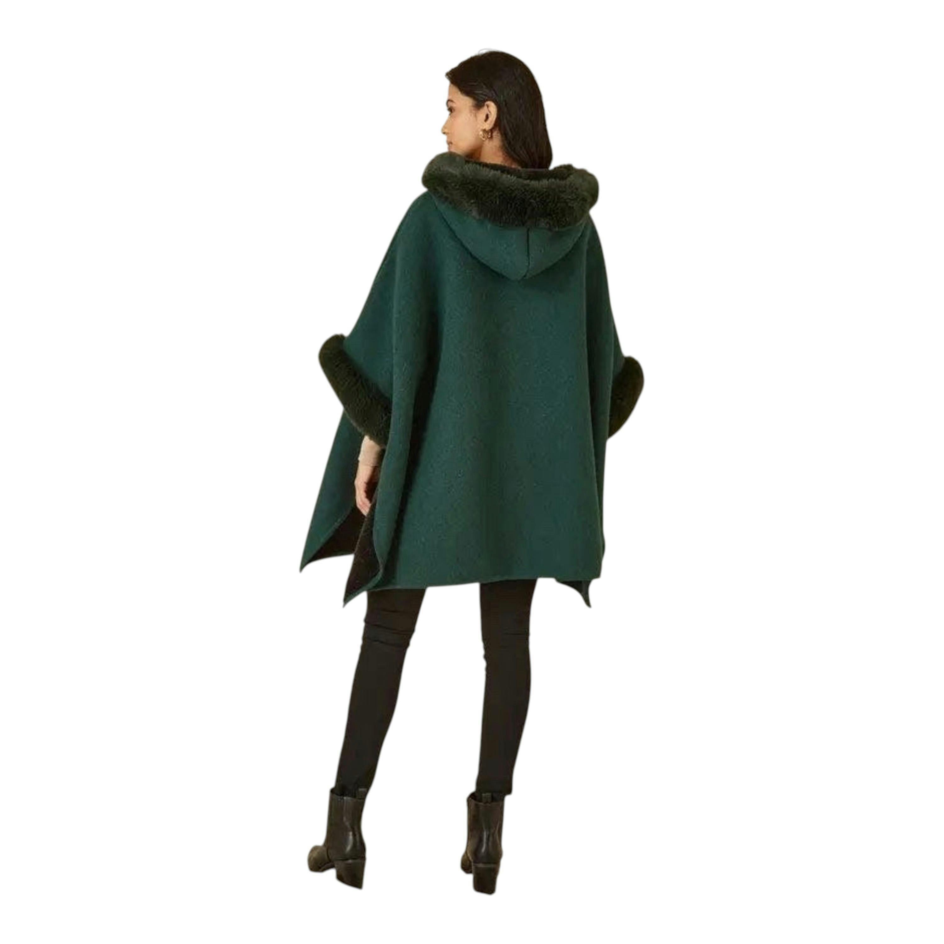 Yumi Green Cape With Luxe Fur Trim And Lining , view 4 of 6
