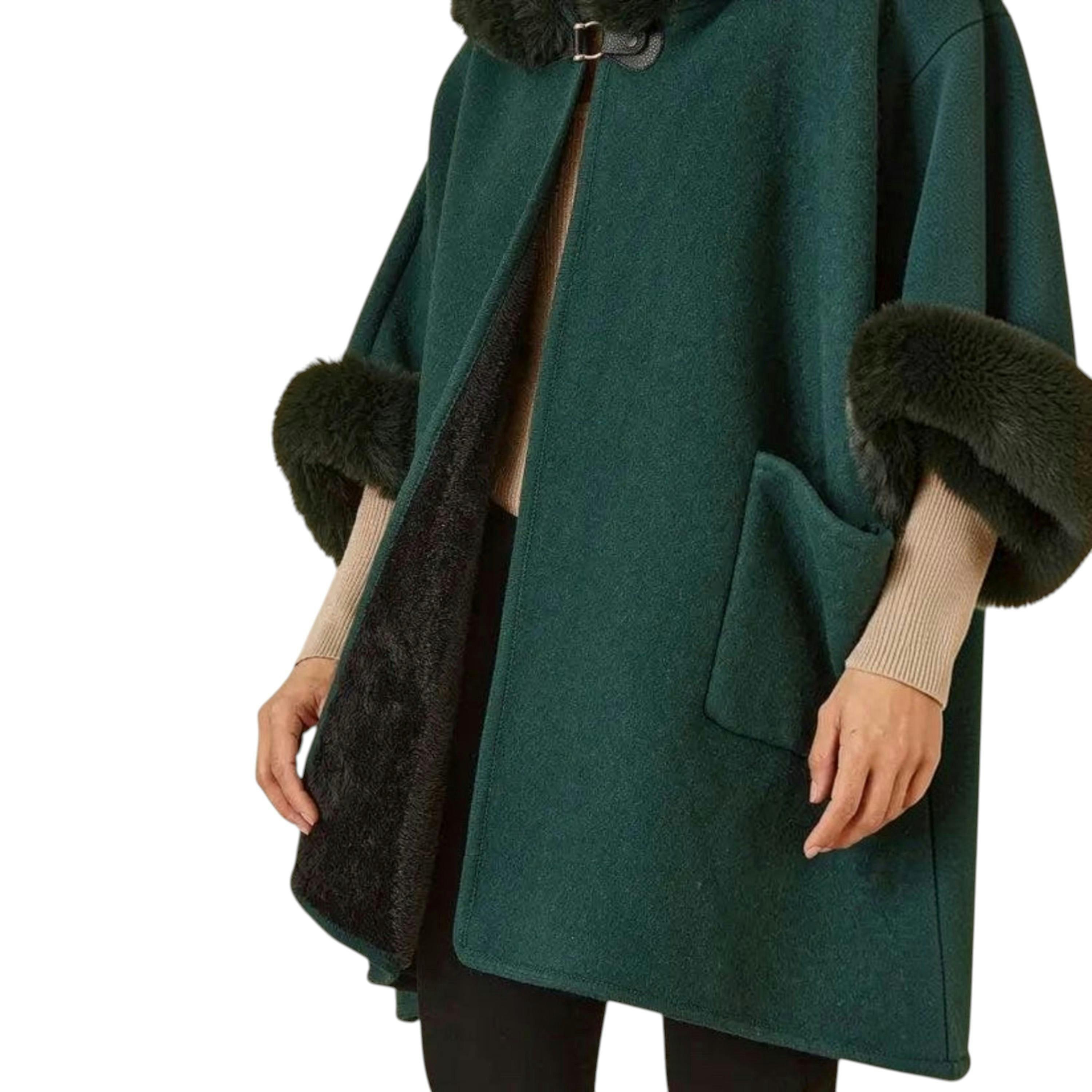Yumi Green Cape With Luxe Fur Trim And Lining , view 5 of 6