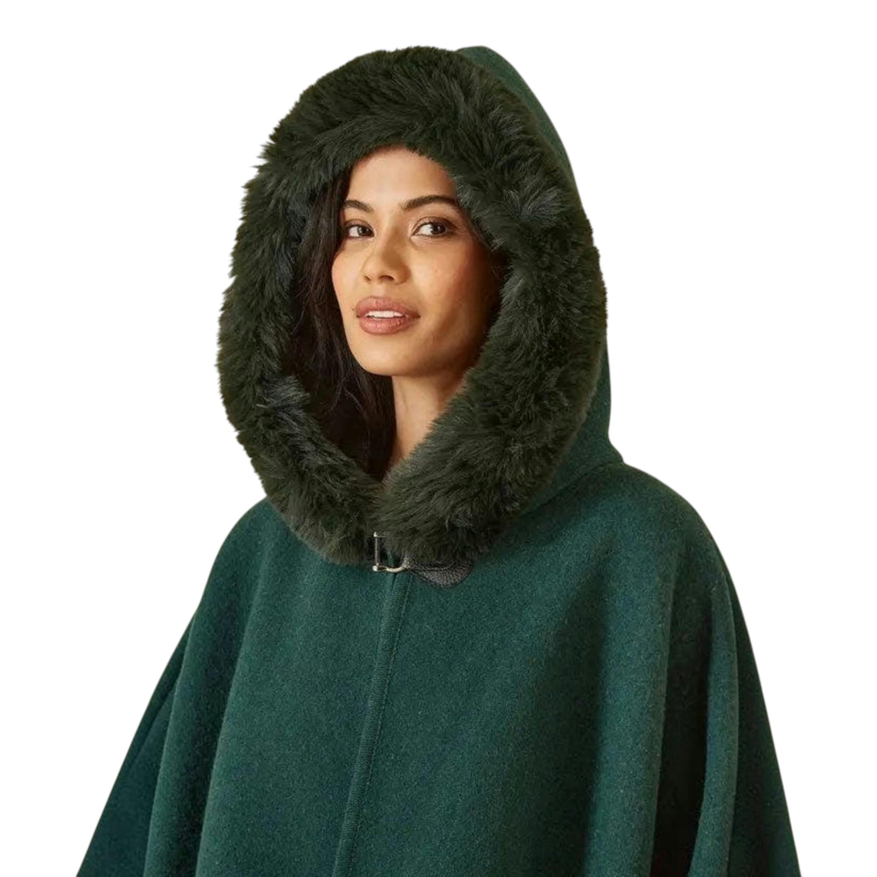 Yumi Green Cape With Luxe Fur Trim And Lining , view 6 of 6
