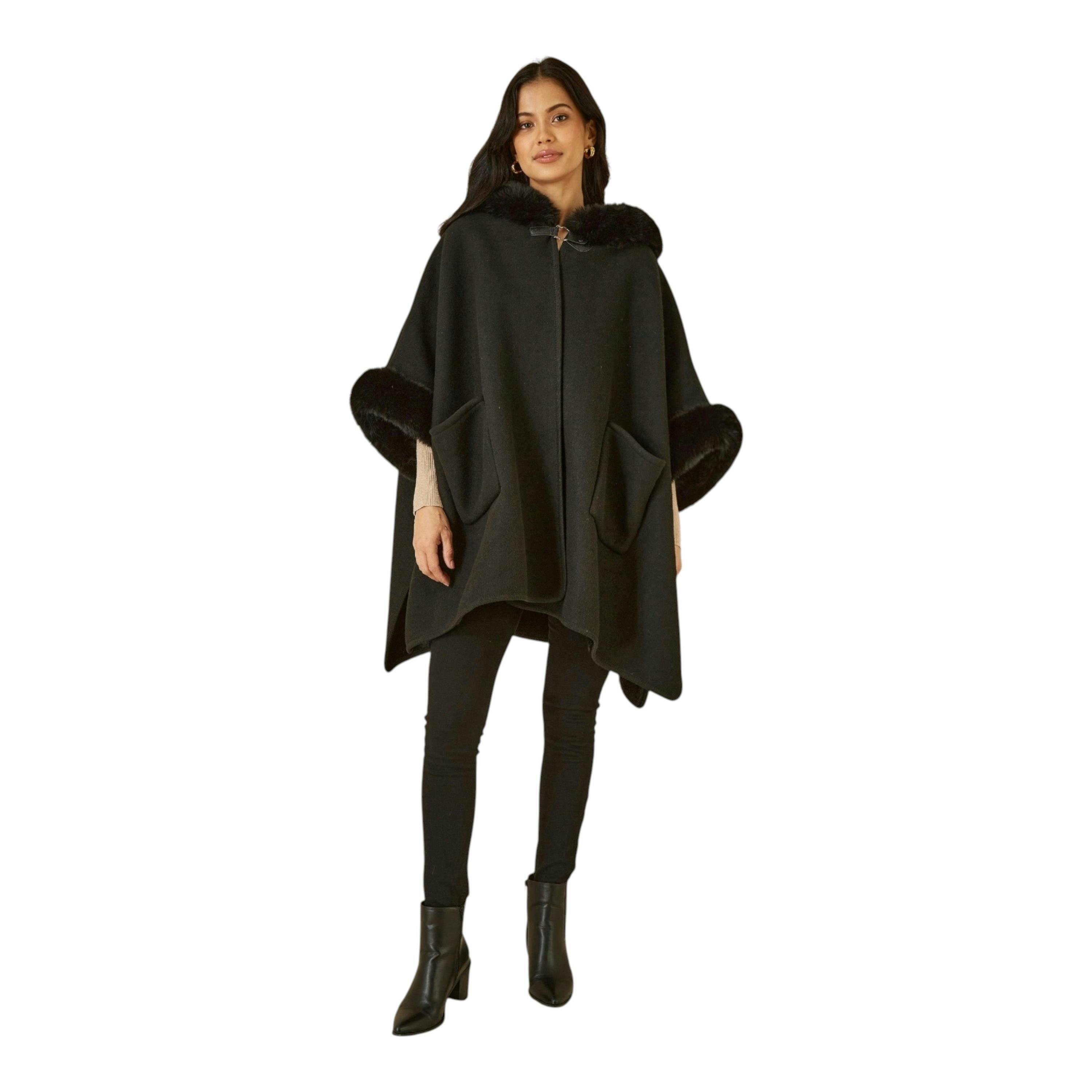 Yumi Black Cape With Luxe Fur Trim And Lining , view 1 of 4
