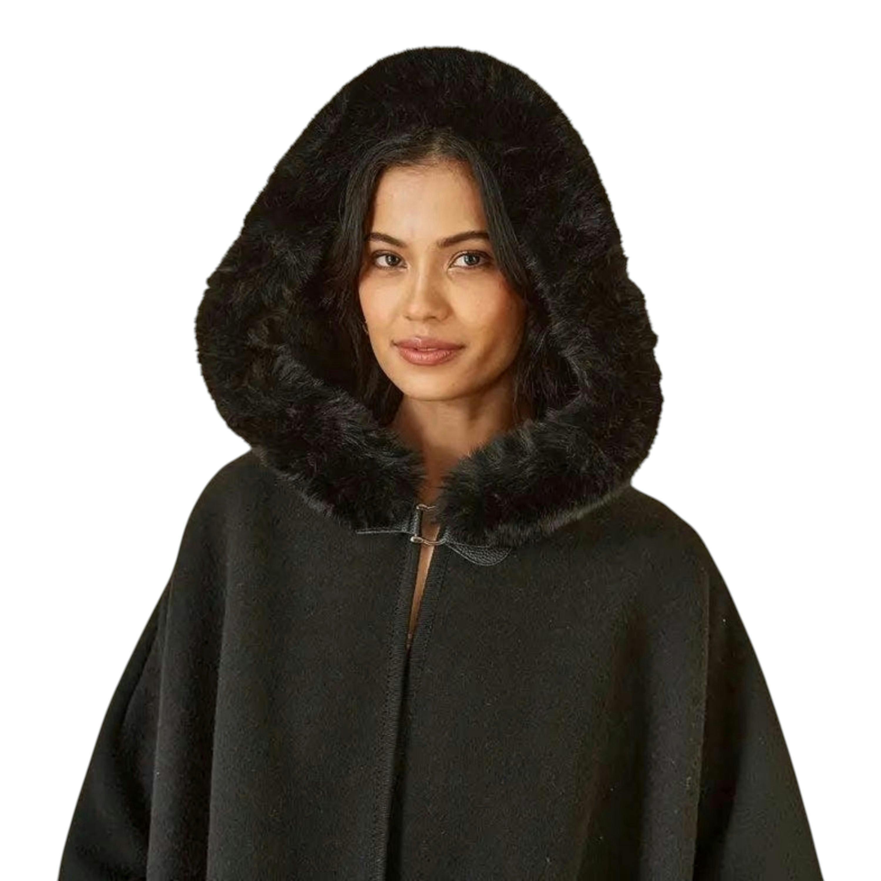 Yumi Black Cape With Luxe Fur Trim And Lining , view 2 of 4