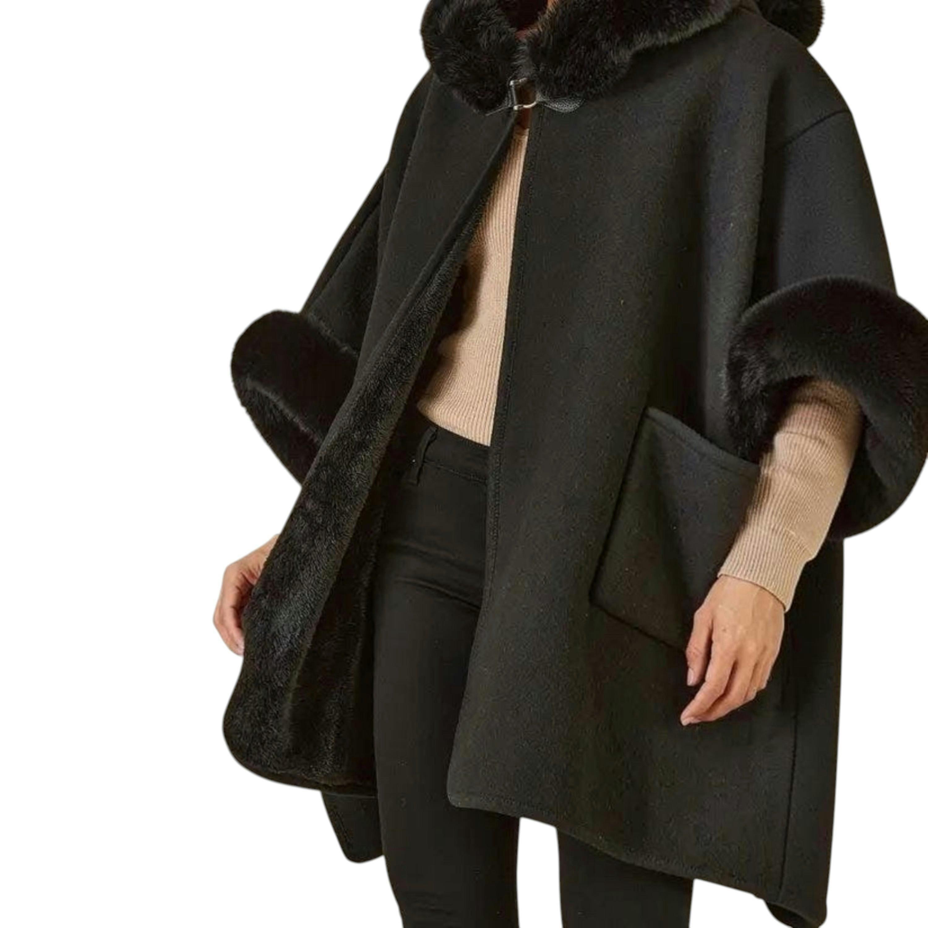 Yumi Black Cape With Luxe Fur Trim And Lining , view 3 of 4