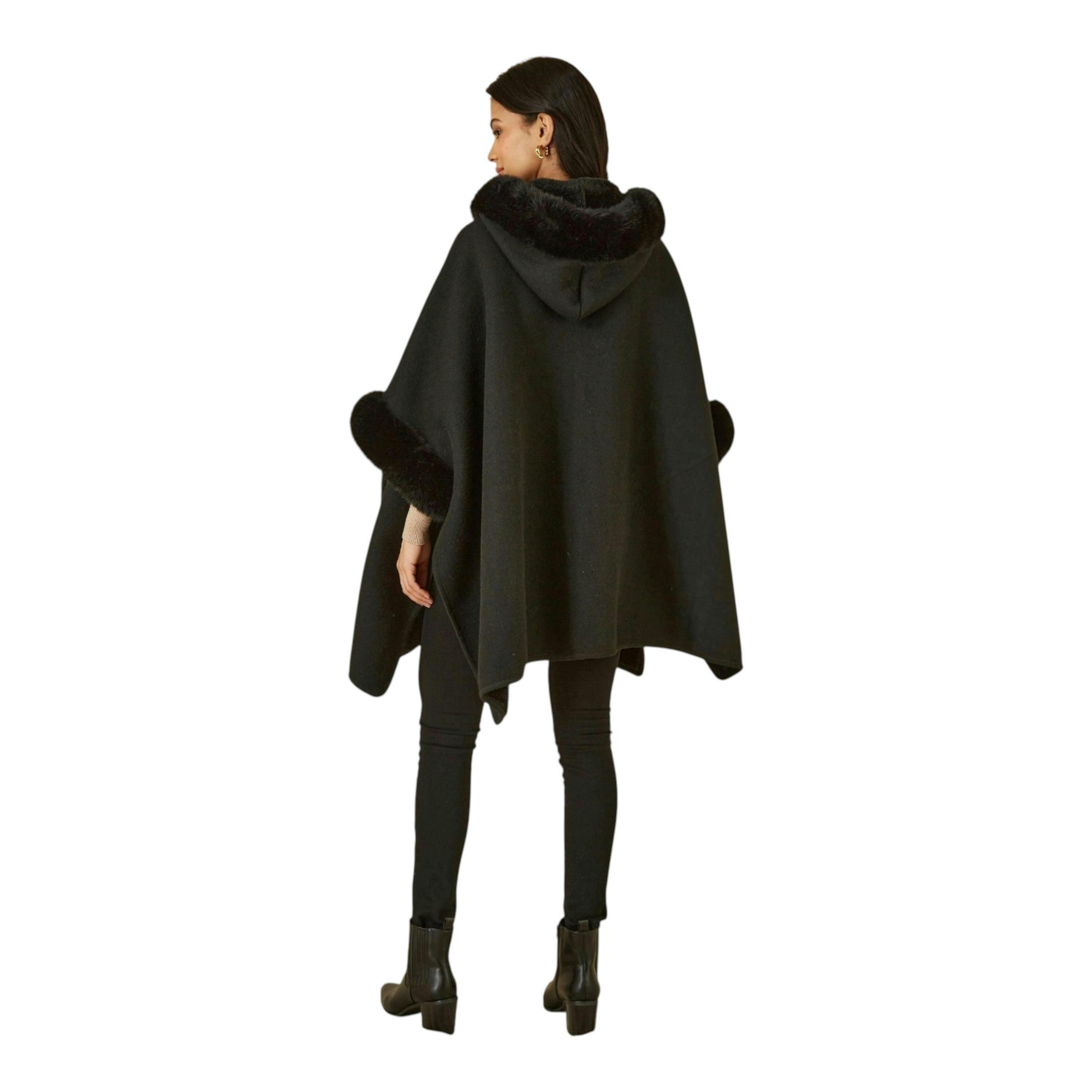 Yumi Black Cape With Luxe Fur Trim And Lining , view 4 of 4