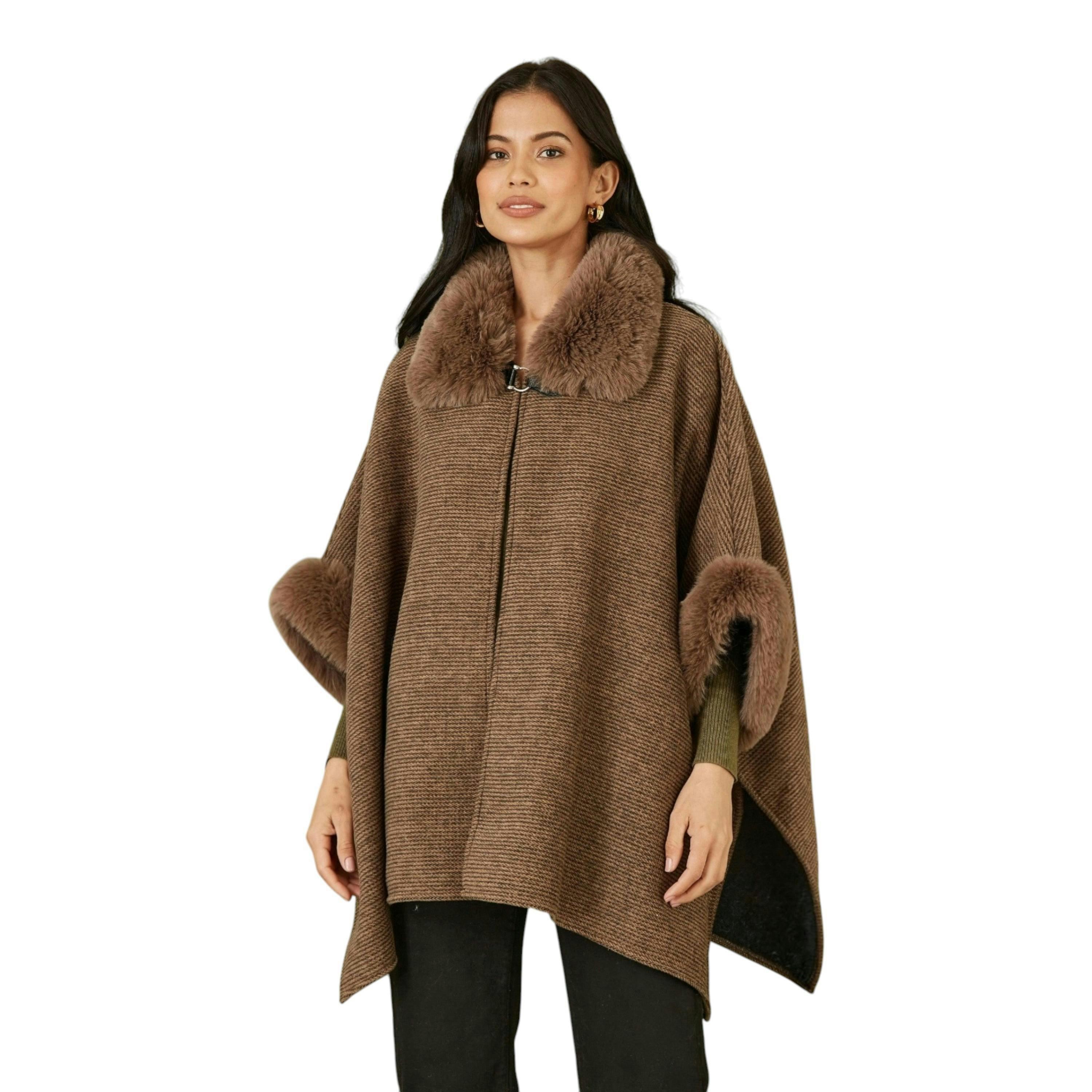 Yumi Brown Cape With Luxe Fur Trim And Lining , view 1 of 5