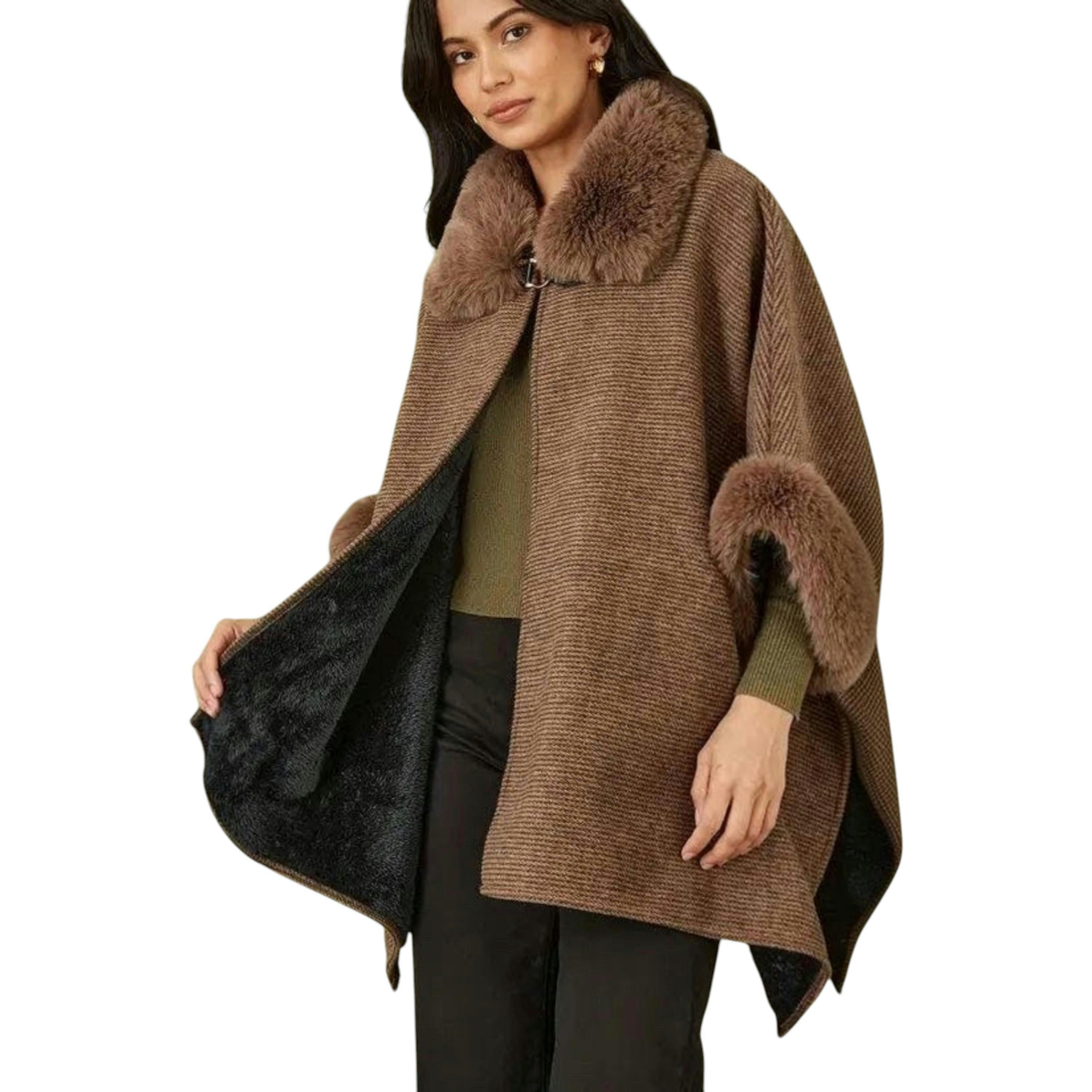 Yumi Brown Cape With Luxe Fur Trim And Lining , view 2 of 5