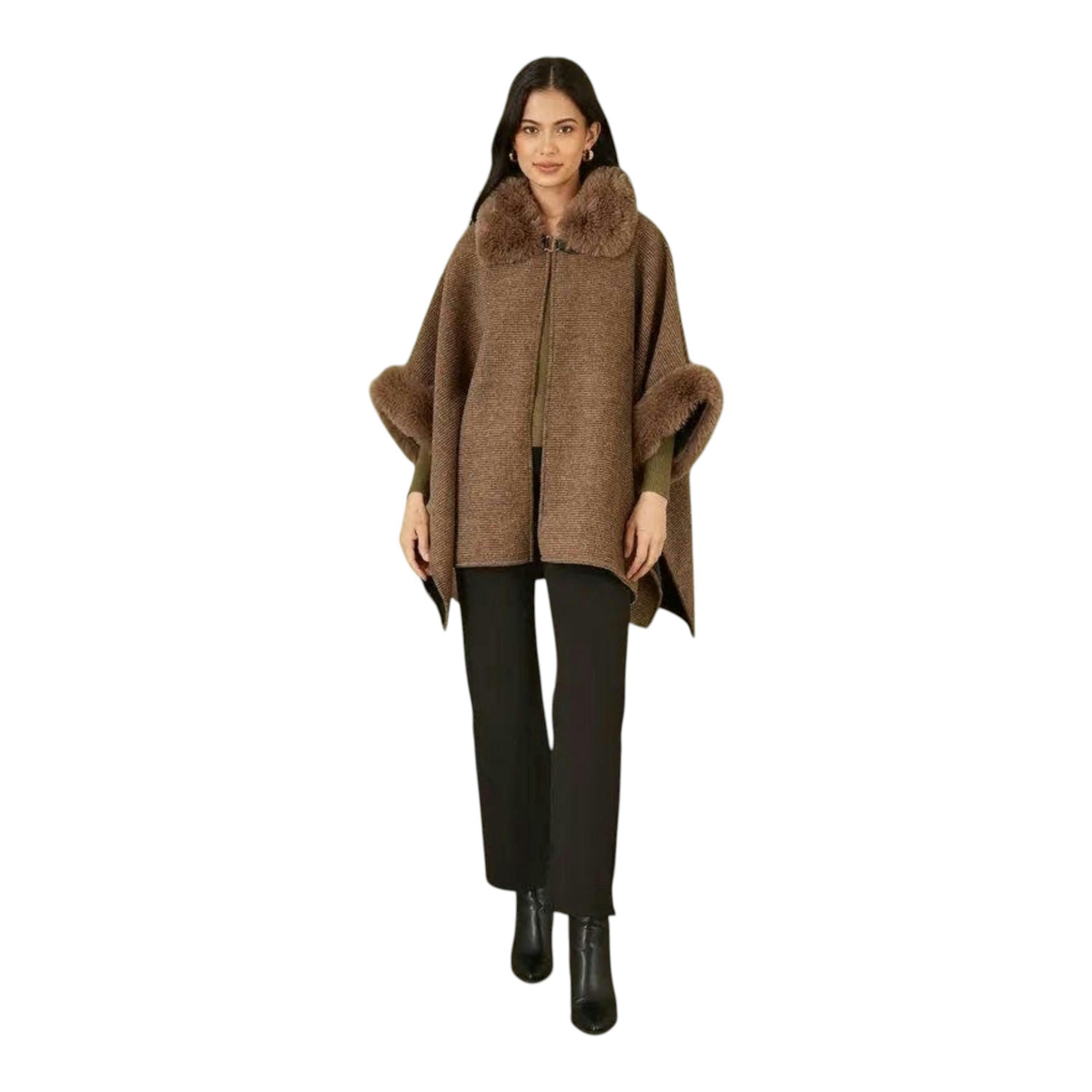 Yumi Brown Cape With Luxe Fur Trim And Lining , view 3 of 5