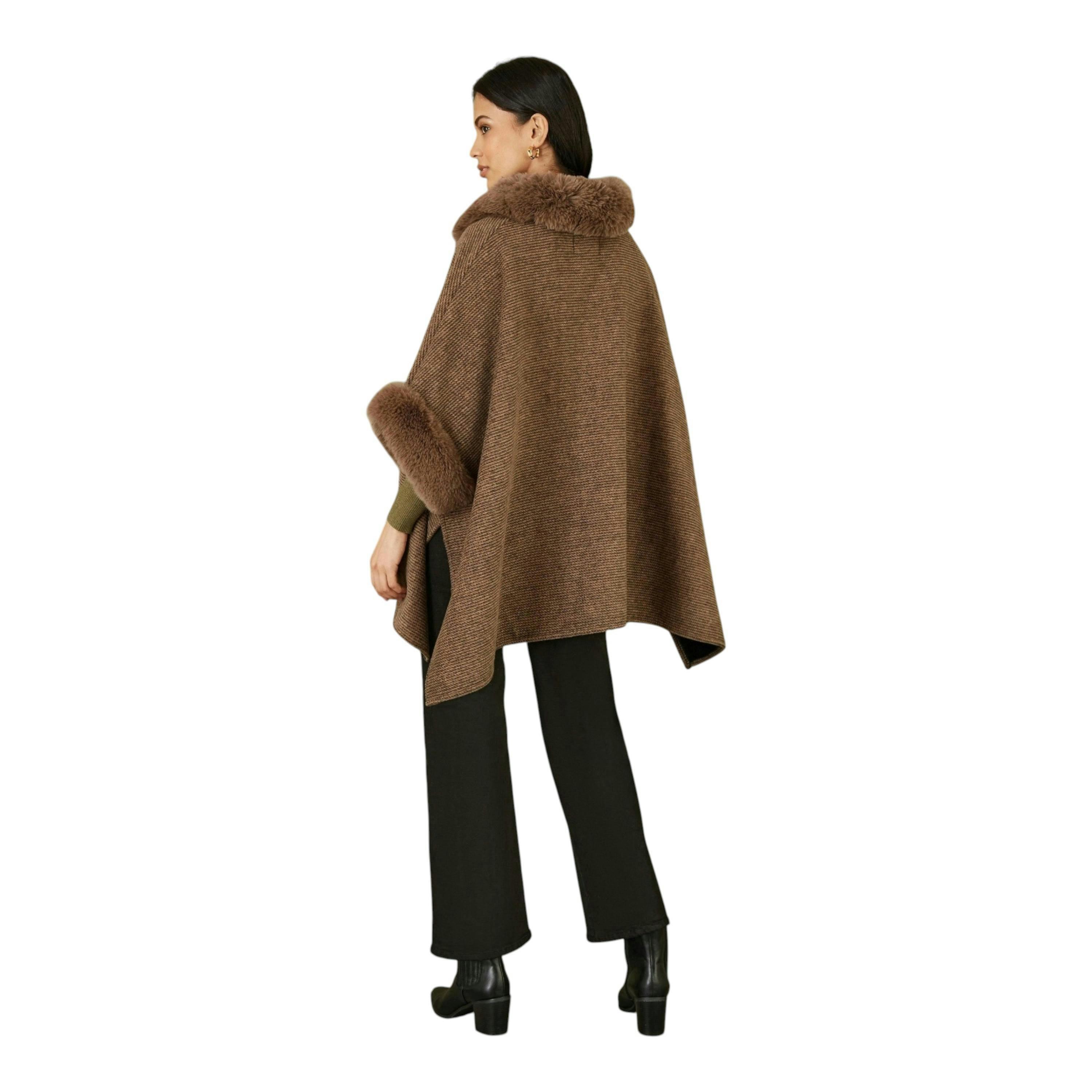 Yumi Brown Cape With Luxe Fur Trim And Lining , view 4 of 5