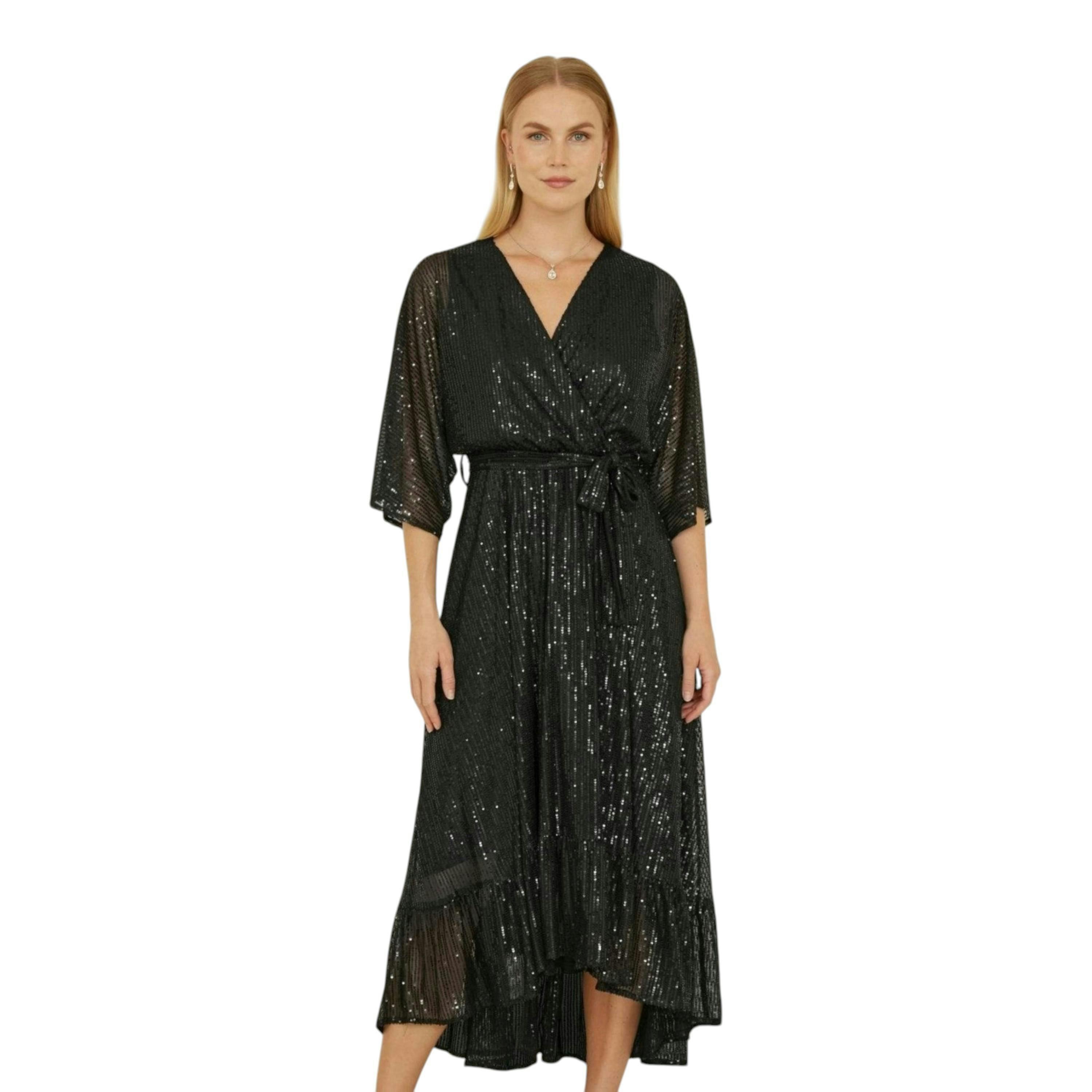 Yumi Black Sequin Kimono Midi Wrap Dress , view 2 of 6