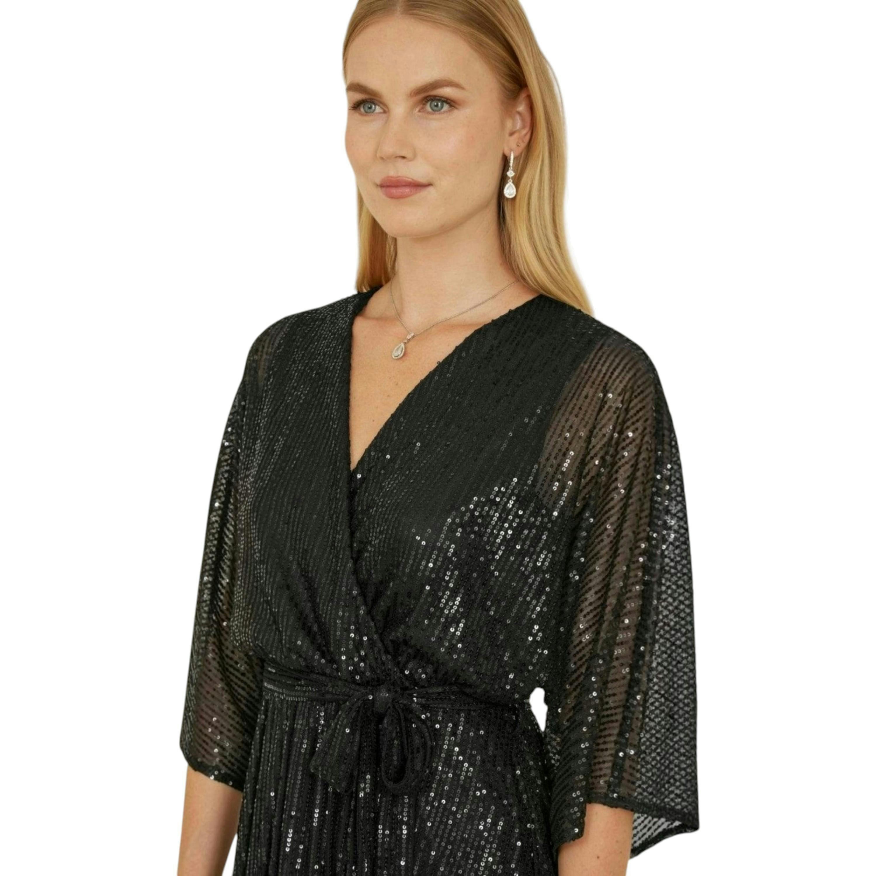 Yumi Black Sequin Kimono Midi Wrap Dress , view 3 of 6