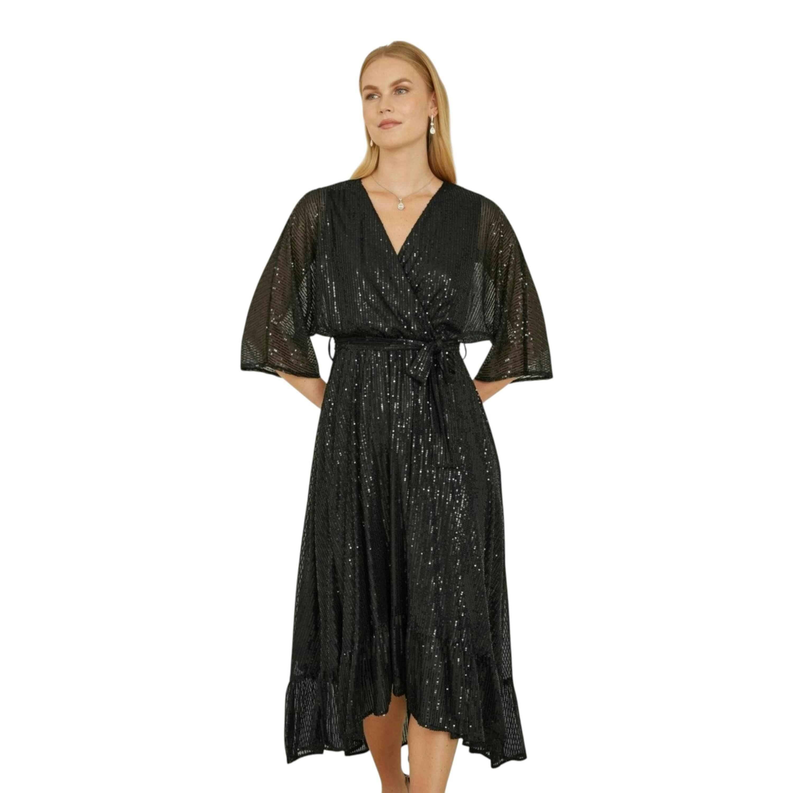 Yumi Black Sequin Kimono Midi Wrap Dress , view 4 of 6