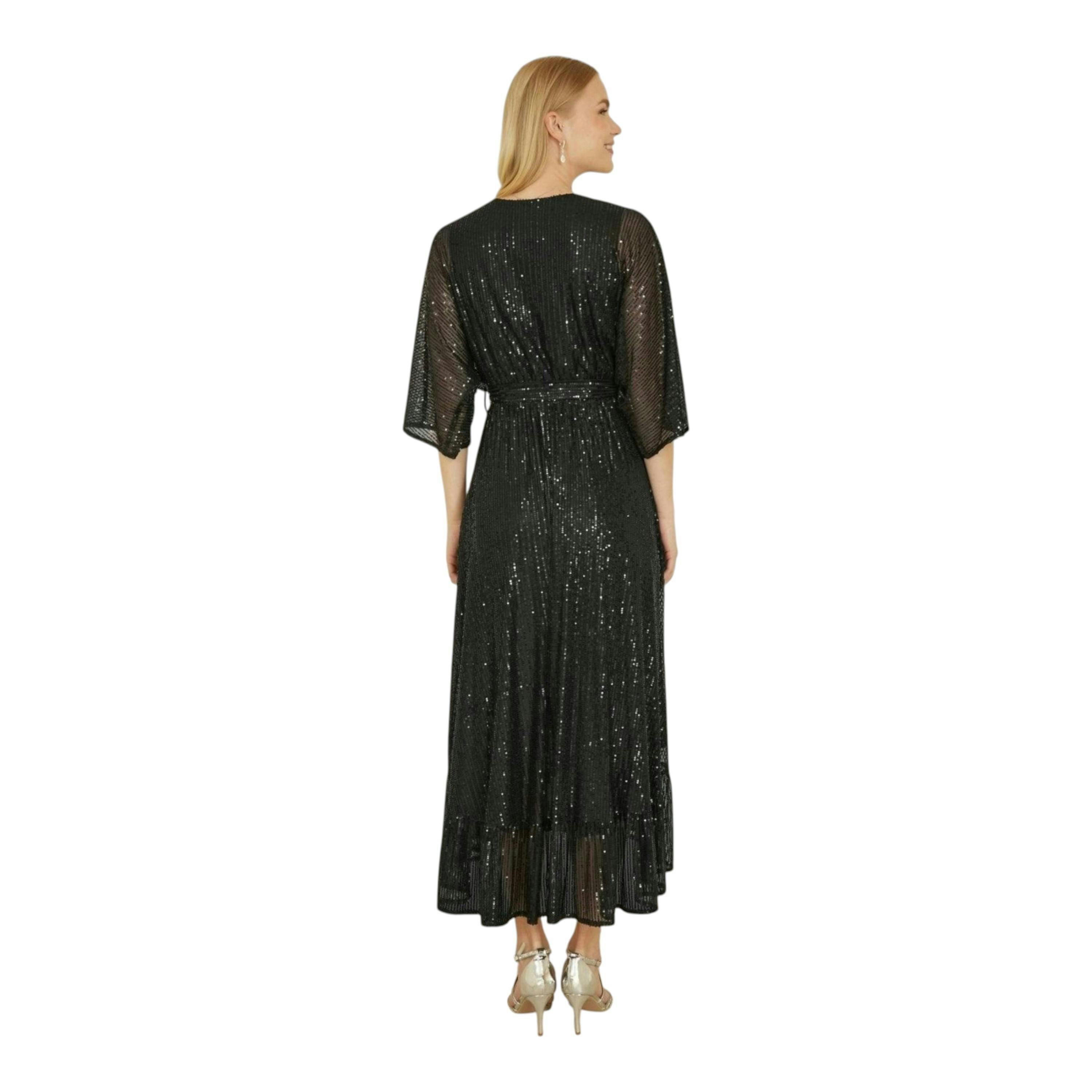 Yumi Black Sequin Kimono Midi Wrap Dress , view 5 of 6