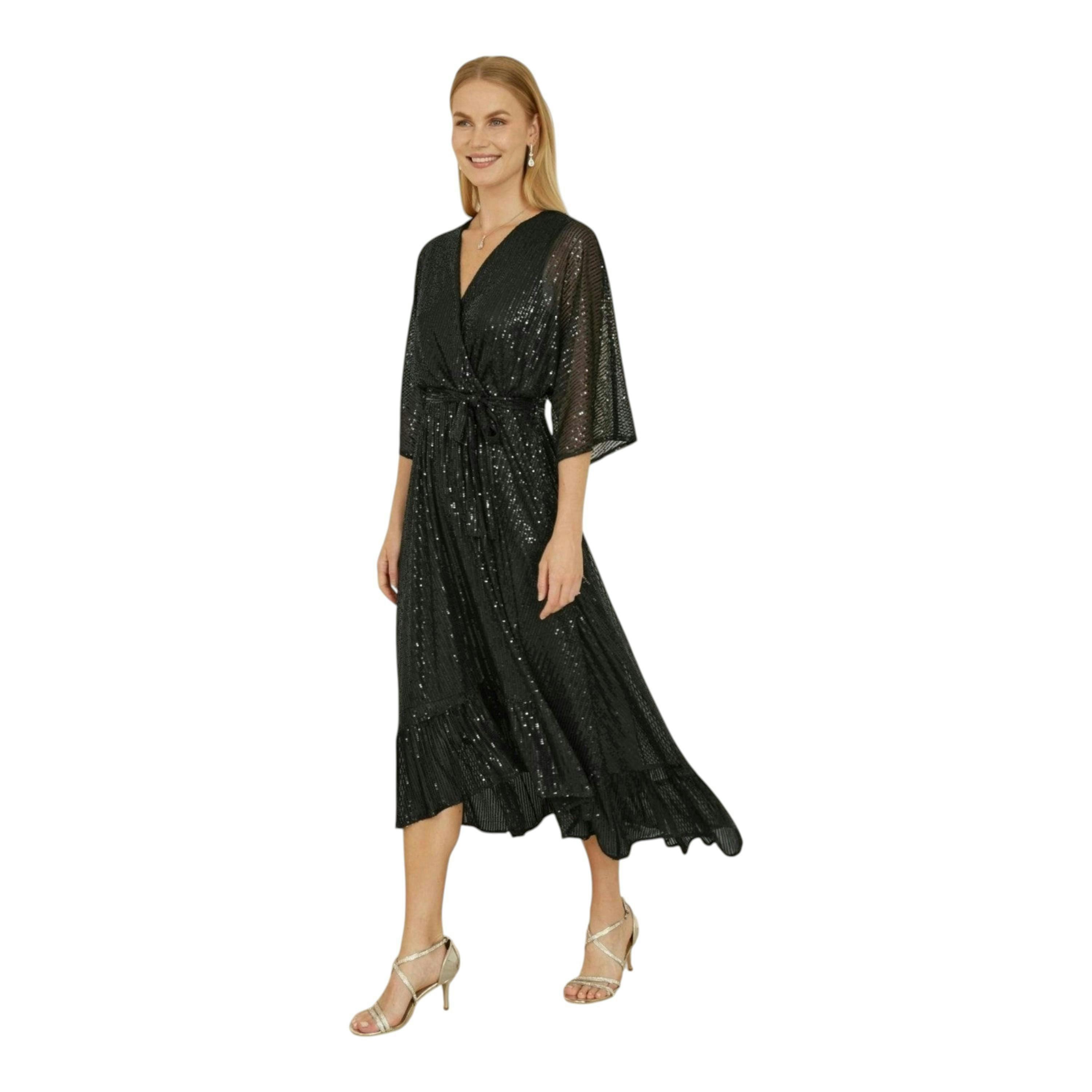 Yumi Black Sequin Kimono Midi Wrap Dress , view 6 of 6