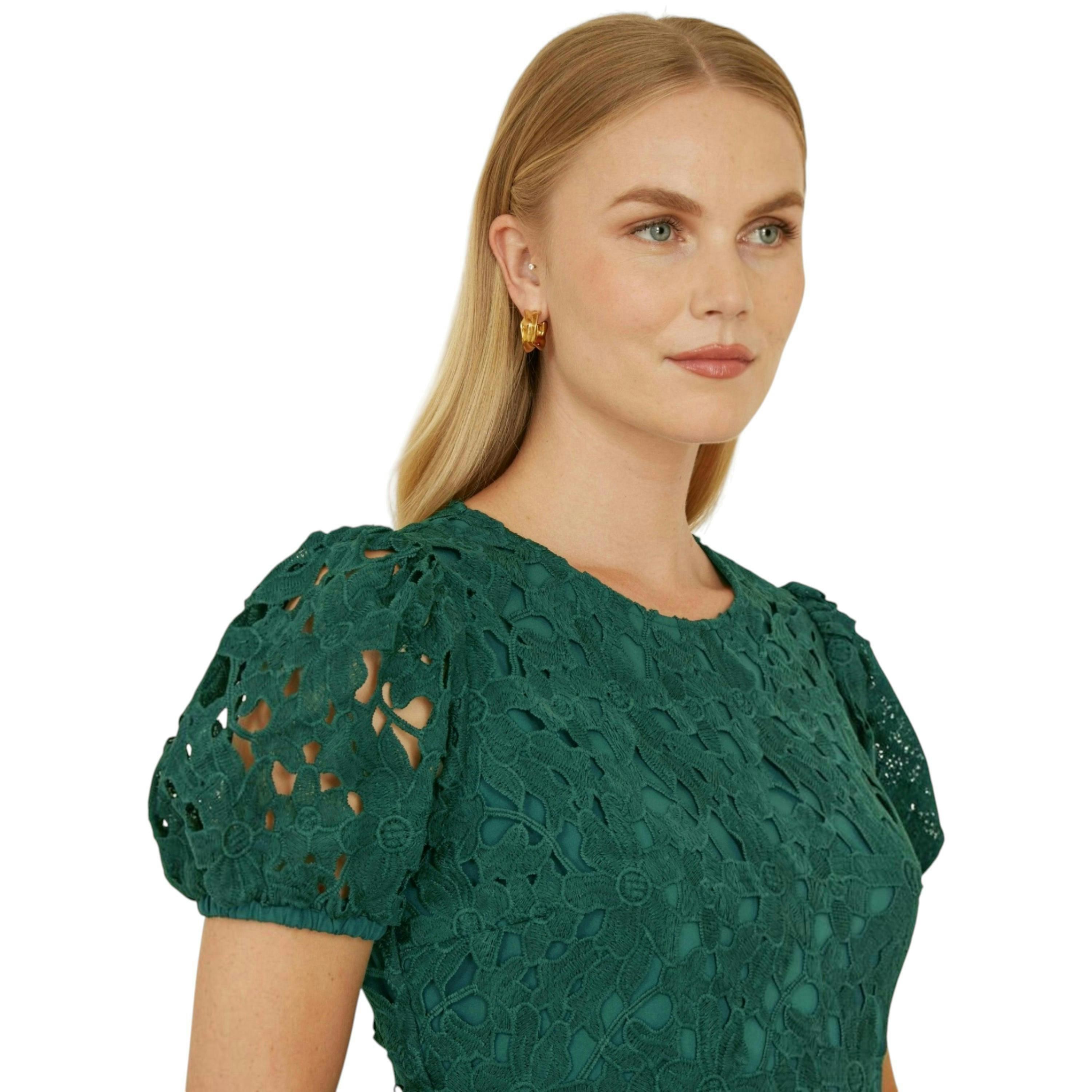 Yumi Green Lace Skater Dress With Puff Sleeves , view 2 of 5