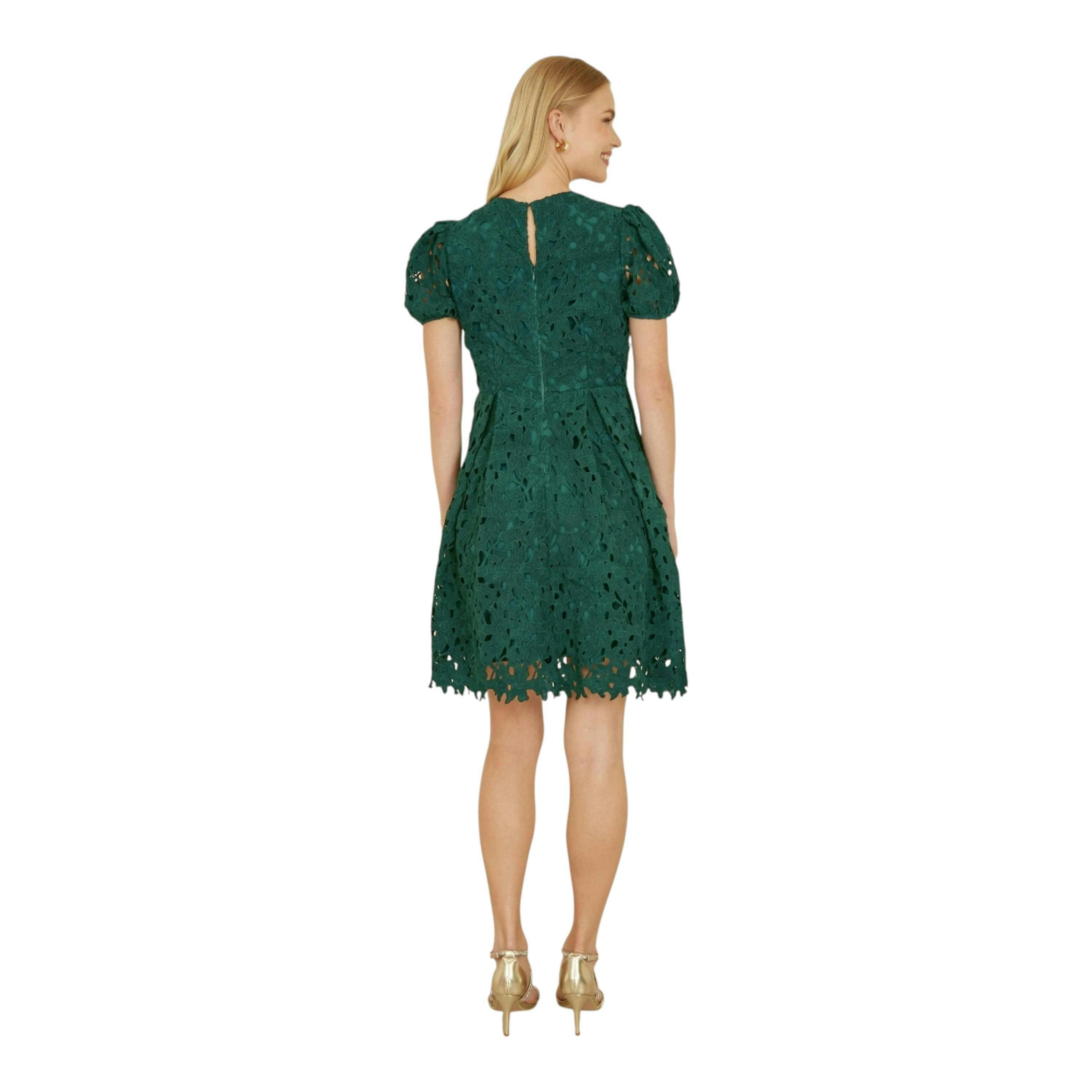 Yumi Green Lace Skater Dress With Puff Sleeves , view 3 of 5
