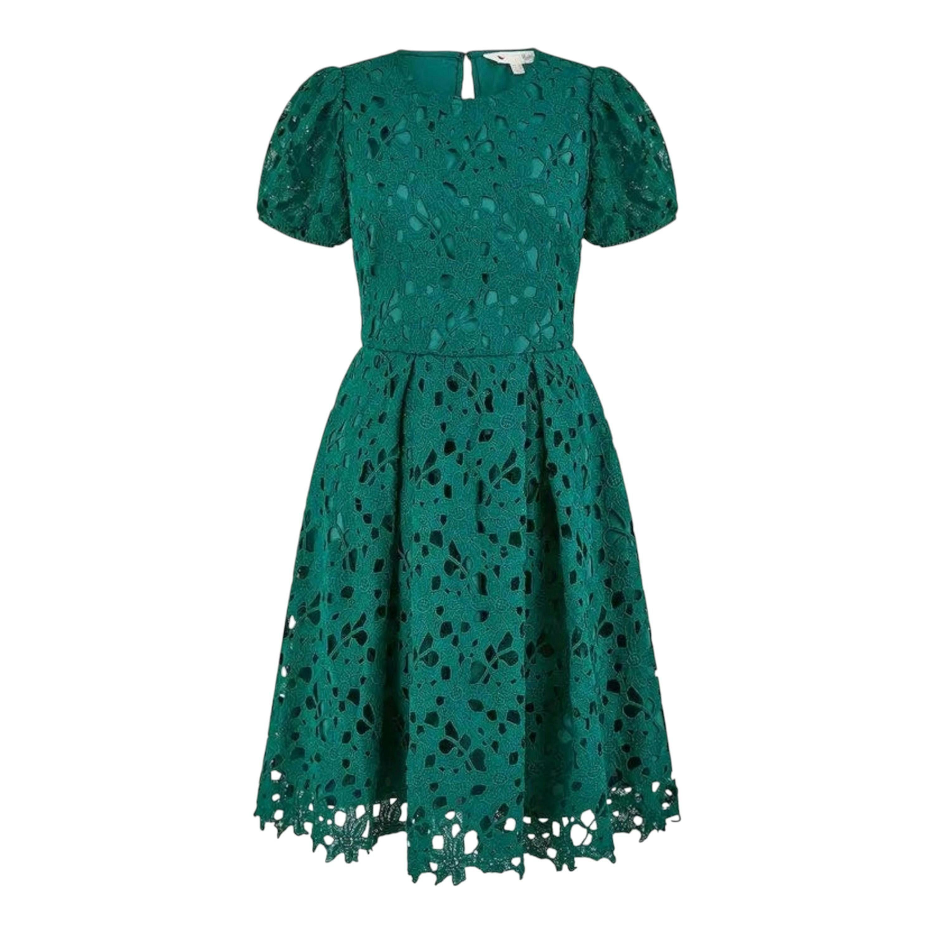 Yumi Green Lace Skater Dress With Puff Sleeves , view 4 of 5
