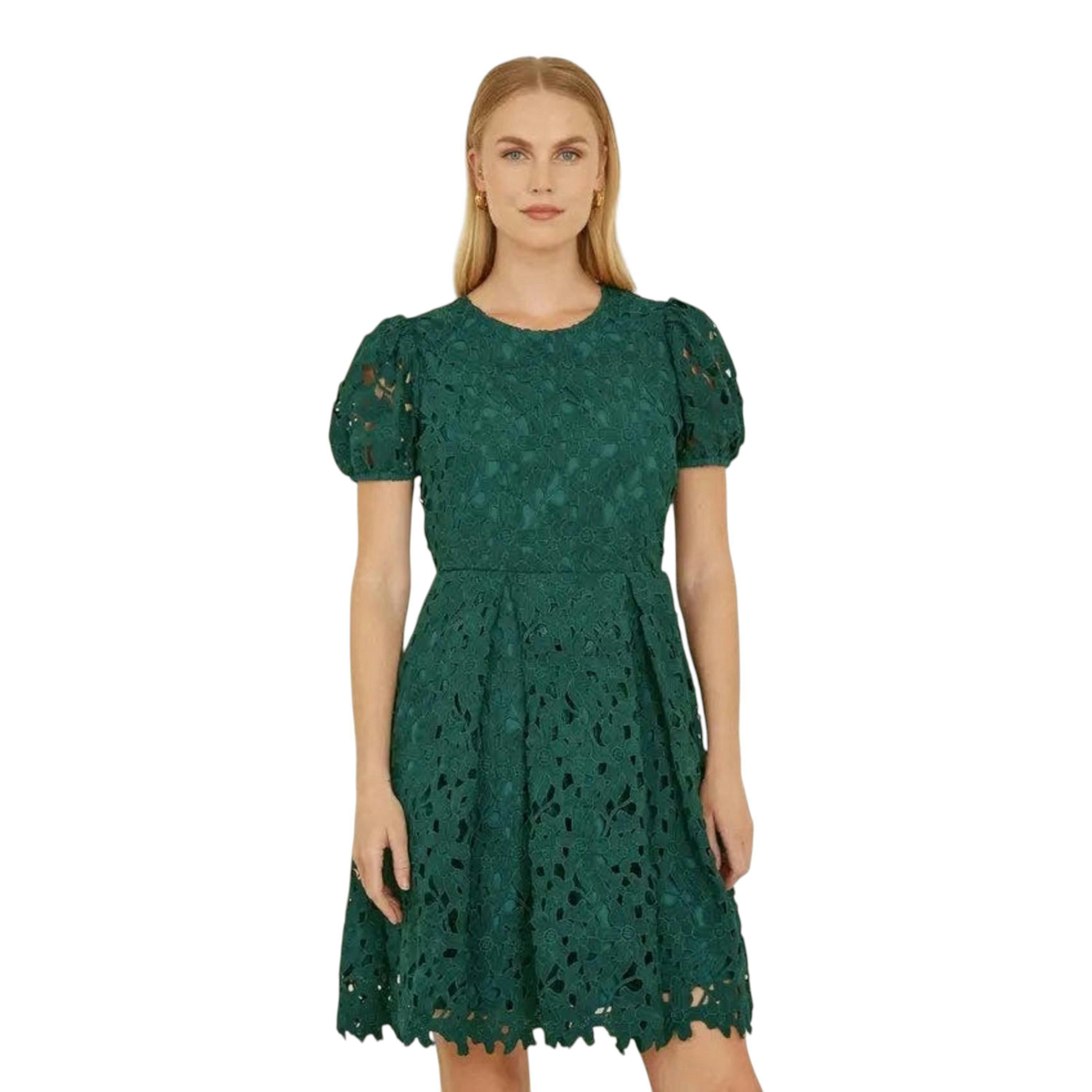 Yumi Green Lace Skater Dress With Puff Sleeves , view 5 of 5
