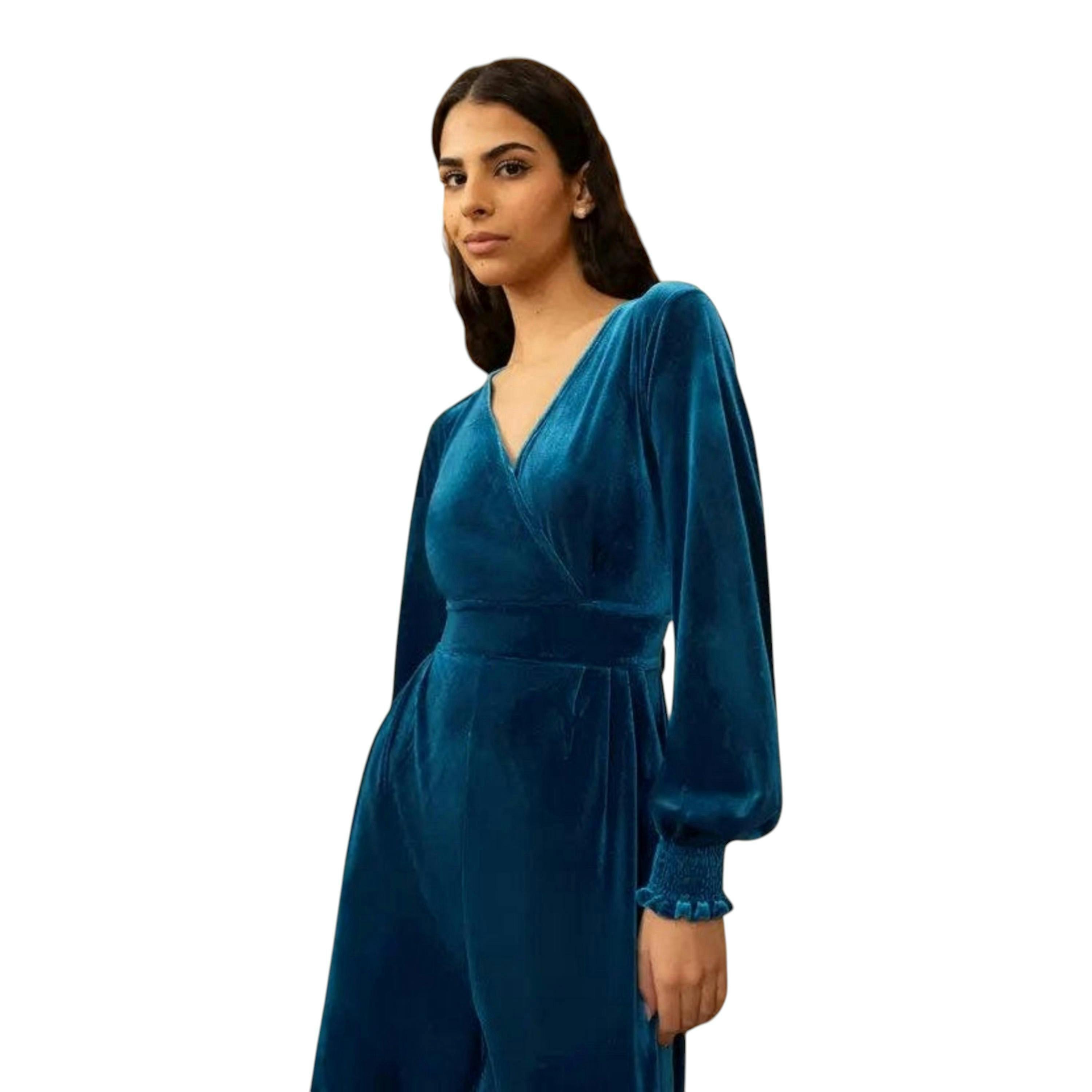 Yumi Teal Velvet Long sleeve Jumpsuit , view 2 of 6