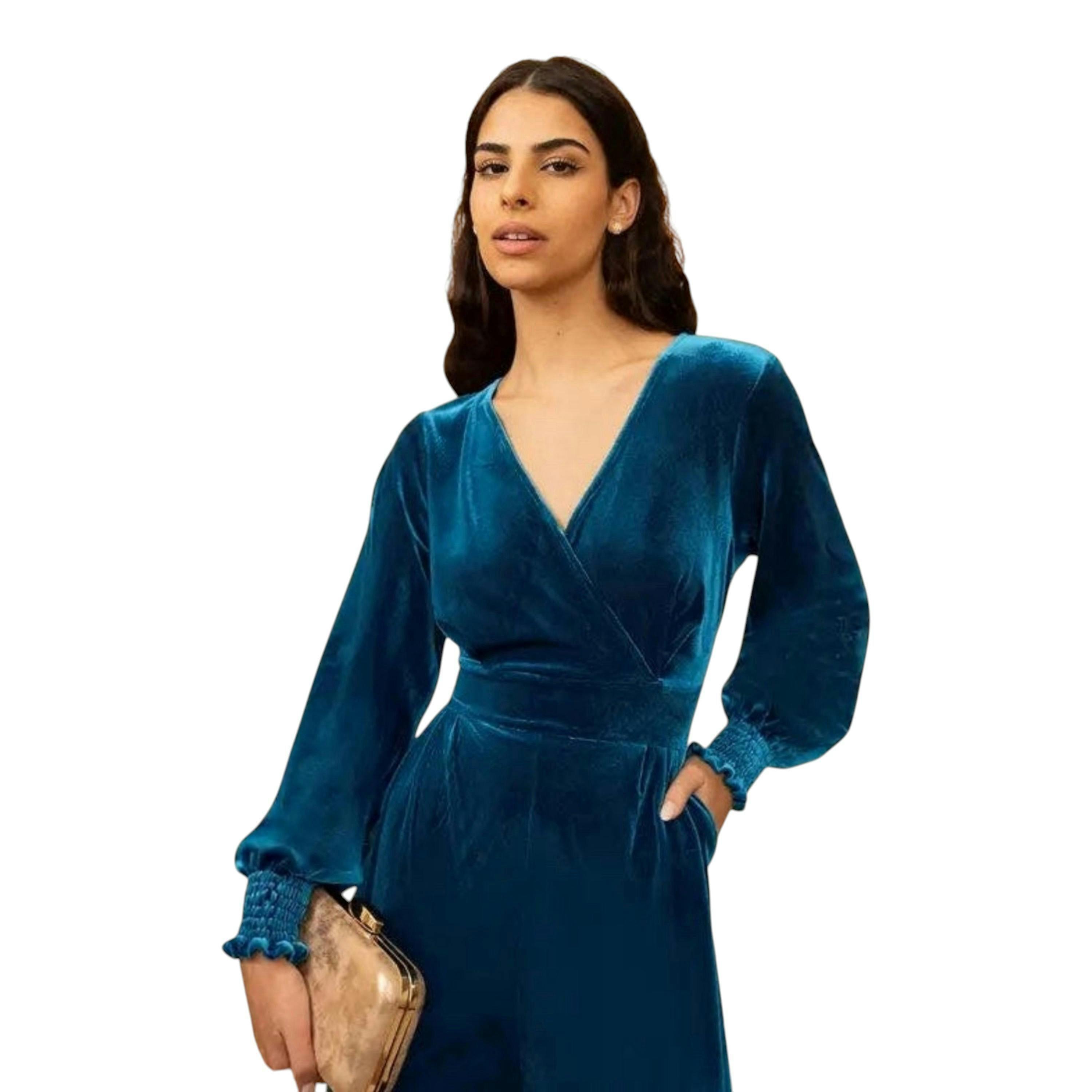 Yumi Teal Velvet Long sleeve Jumpsuit , view 3 of 6