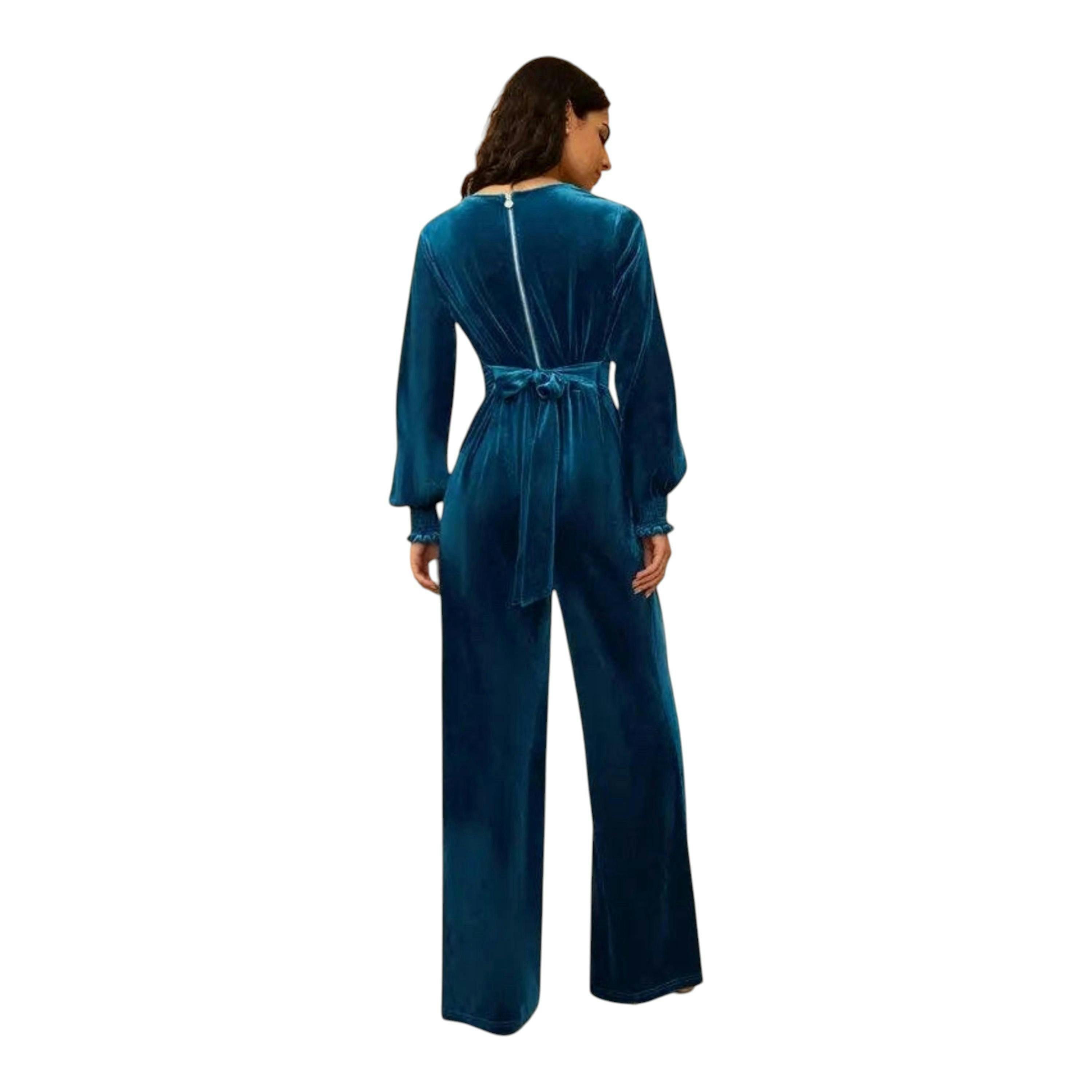 Yumi Teal Velvet Long sleeve Jumpsuit , view 4 of 6