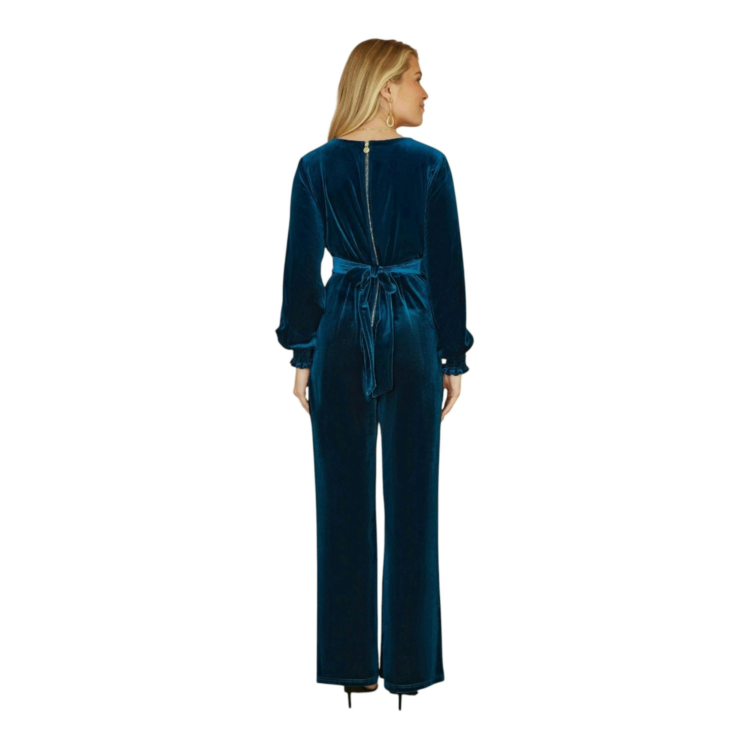 Yumi Teal Velvet Long sleeve Jumpsuit , view 6 of 6