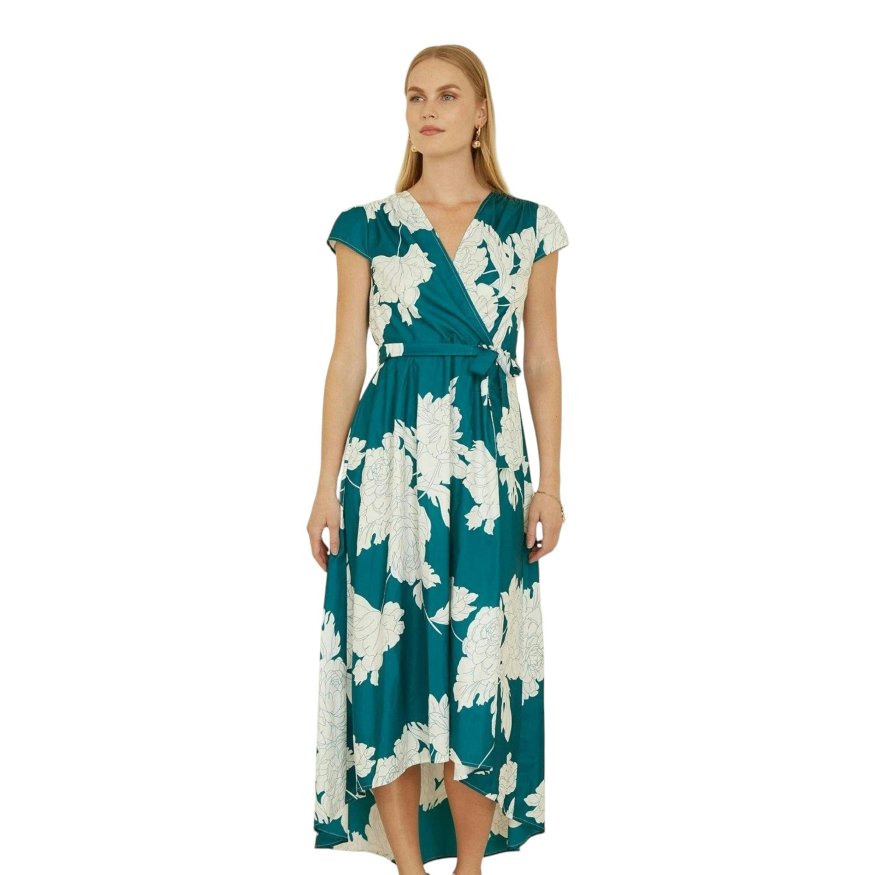 Yumi Green Blossom Print Wrap Midi With Dipped Hem , view 2 of 6