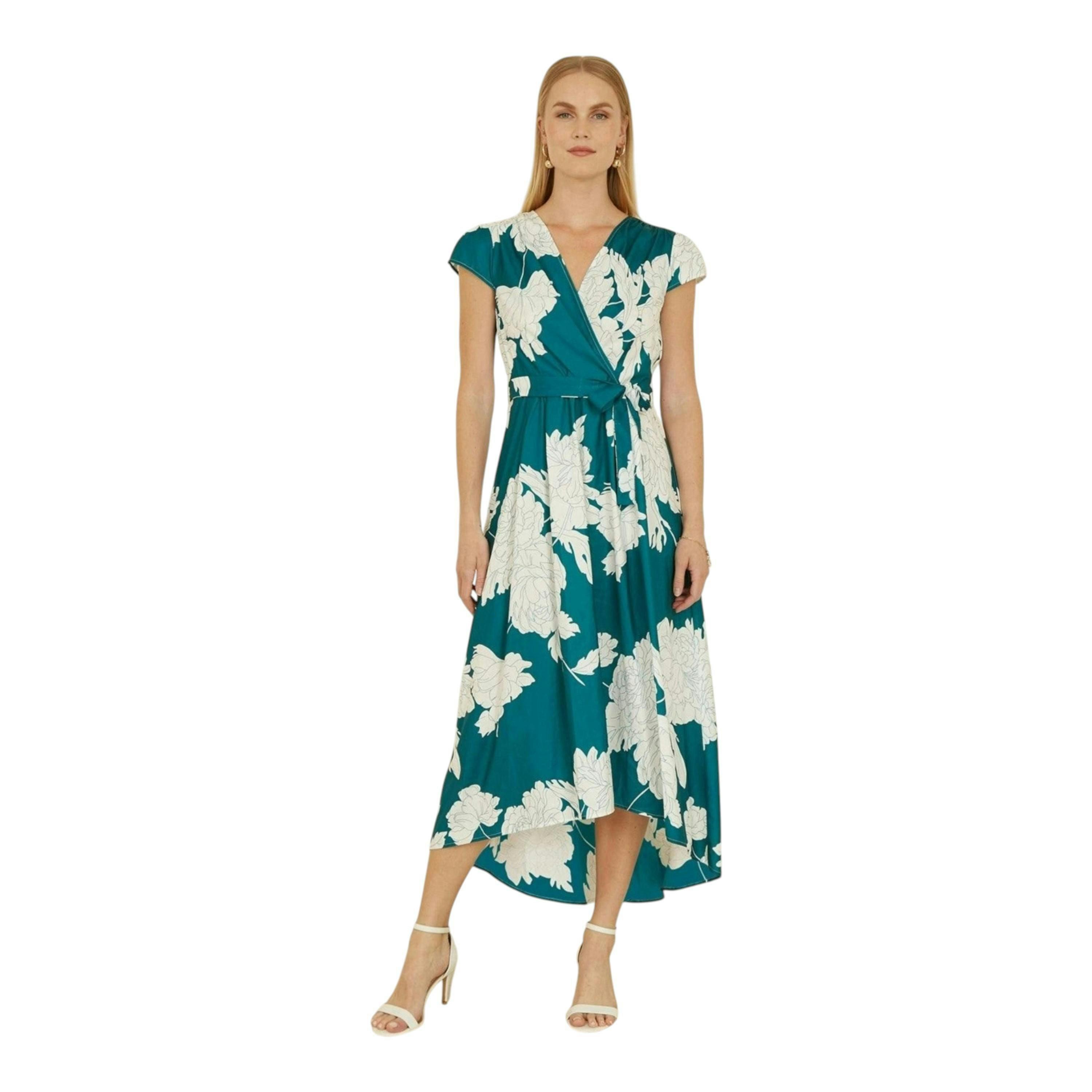 Yumi Green Blossom Print Wrap Midi With Dipped Hem , view 3 of 6
