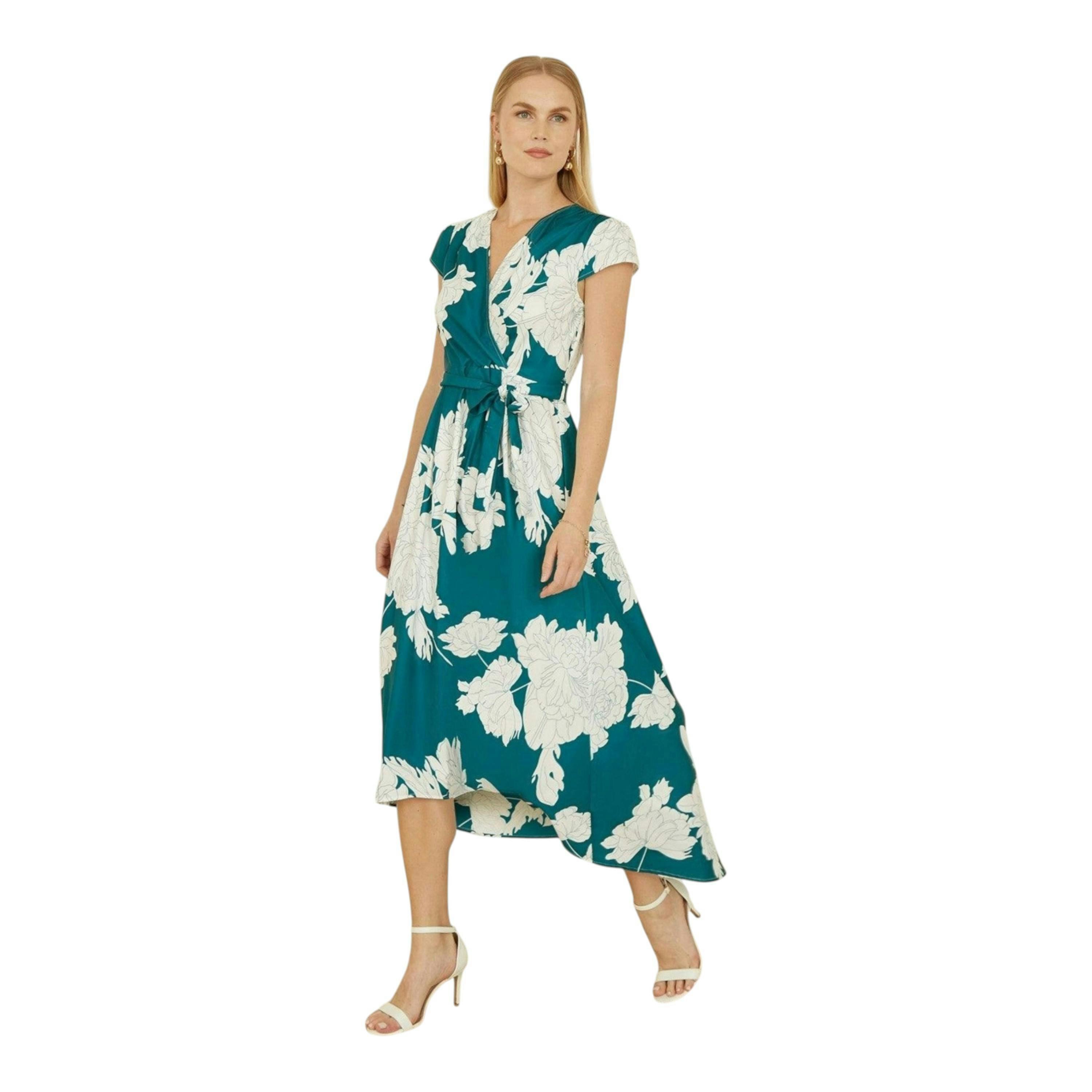 Yumi Green Blossom Print Wrap Midi With Dipped Hem , view 4 of 6