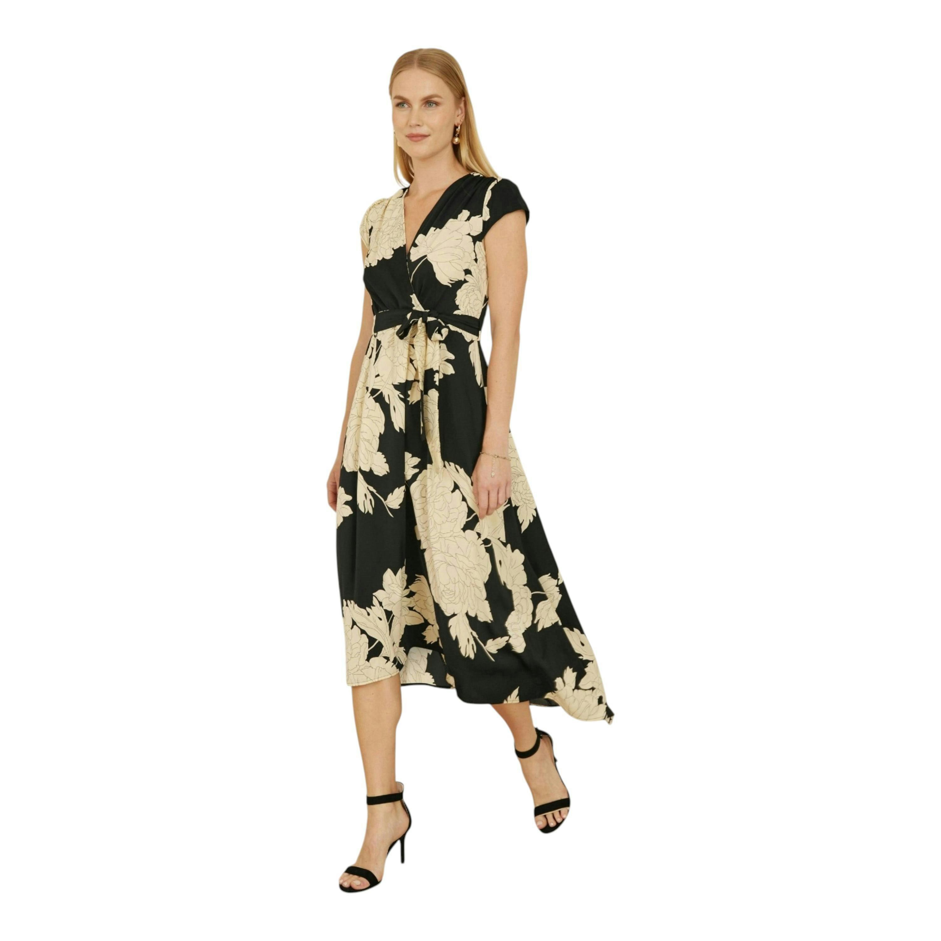Yumi Black Blossom Print Wrap Midi With Dipped Hem , view 2 of 6